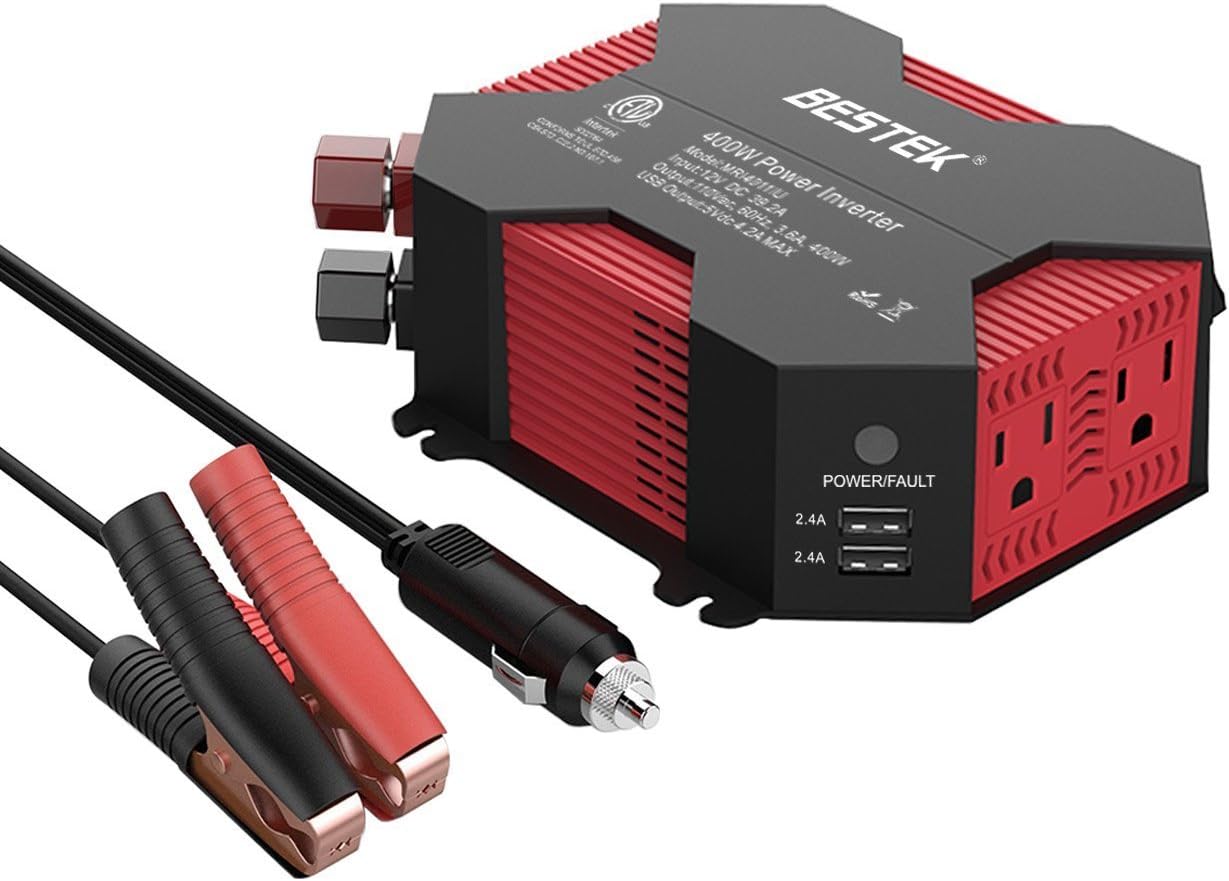 BESTEK 400W Car Power Inverter DC 12V to AC 110V Car Inverter with 4 USB Charging Ports, Power Converter with 2 AC Outlets and Car Battery Clip Car Charger, Car Adapter