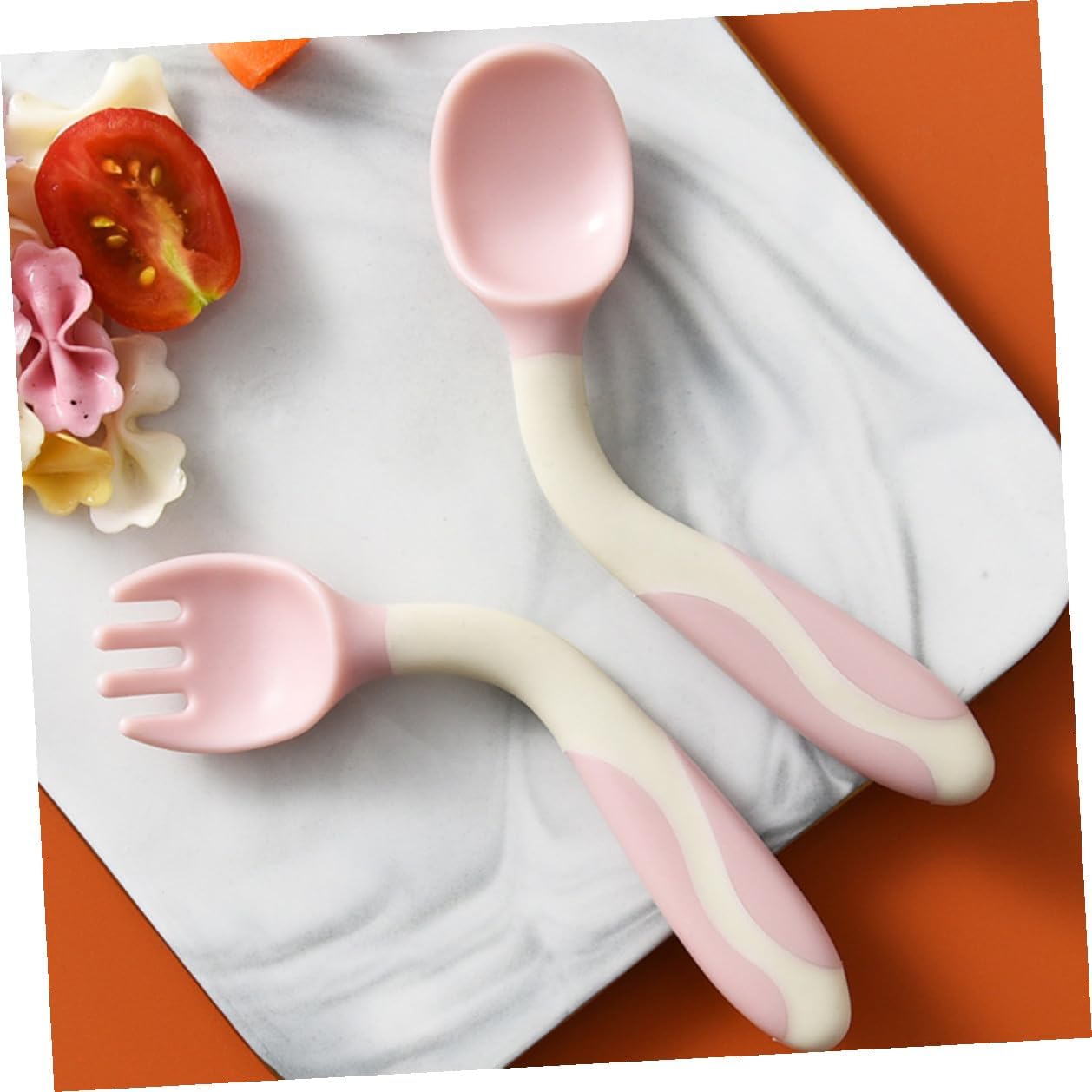 2 Sets Utensils Silicone Training Spoons and Forks with Flexible Bendable Design Non-slip Handle for Self-feeding Pink and Blue