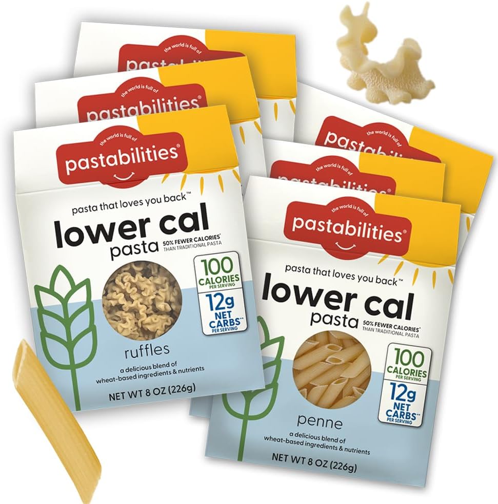 Pastabilities, Lower Calorie Pasta, Variety Pack (Penne & Ruffles) – 100 Calories/Serving, 12g Net Carbs & High Fiber – Delicious & Nutritious Alternative to Traditional Pasta (8 Ounce, 6 Pack)