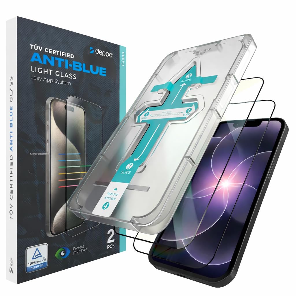 Deppa | 2 pezzi | Pellicola protettiva anti luce blu certificata per iPhone 17e/16e/14/13/13 Pro (6,1") | Vetro temperato ultra resistente | Copertura totale, senza bolle | Installazione facile
