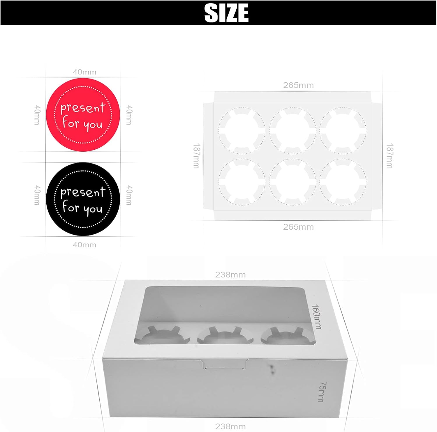 10 Pcs Cupcake Boxes, 6 Holes Cupcake Box with Window, Insert and Stickers, Tray Bake Boxes for