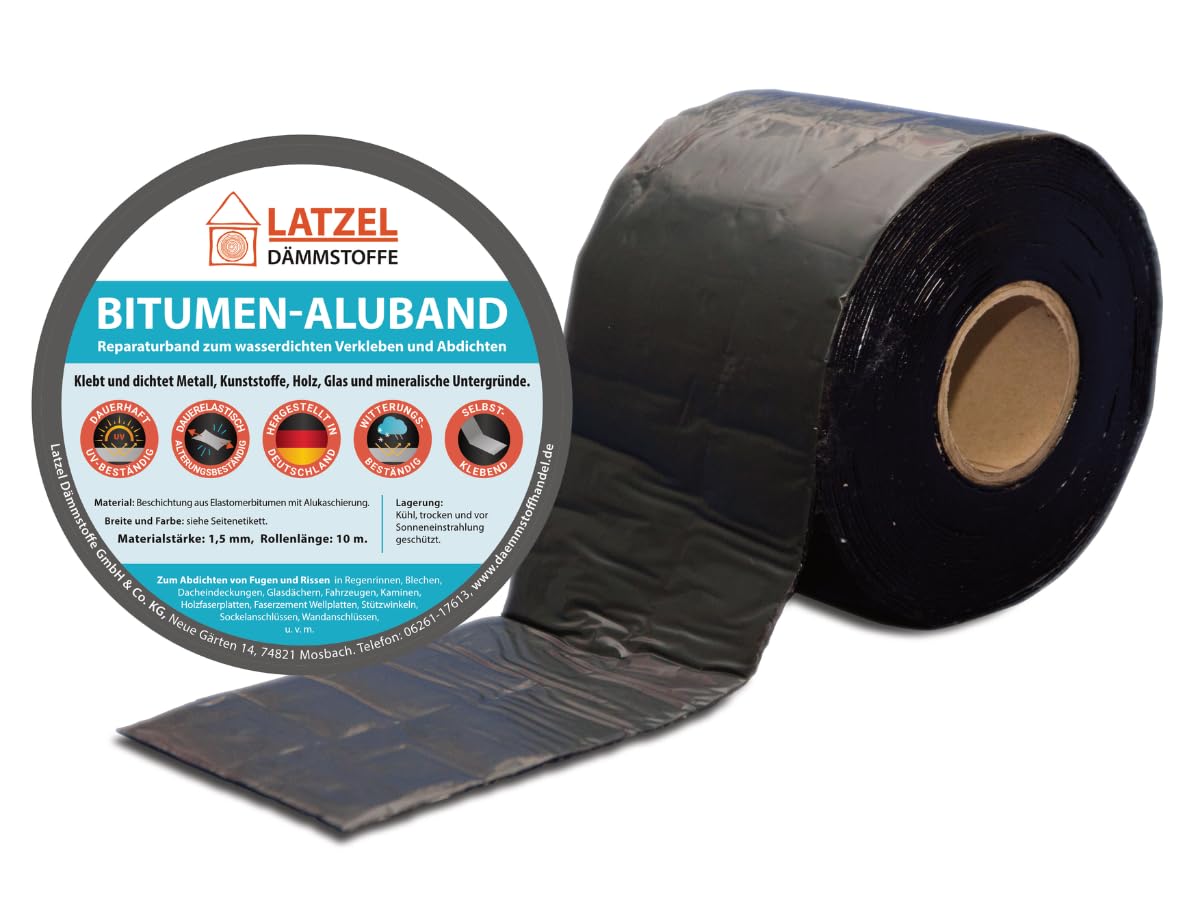 Cinta de reparación de betún, cinta de aluminio, color negro, 250 mm, rollo de 10 metros. Fabricado en Alemania.
