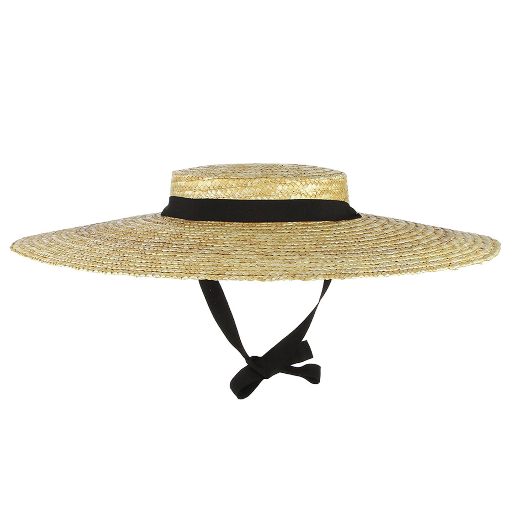Straw Boater Hat for Women Summer Beach Breathable Woven Straw Hat UV Protection with Chin Strap & Lining Vintage Floppy Wide Brim Straw Hat Gift, Black Strap, Straw Boater Hat