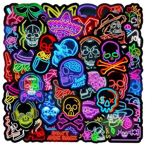 50Pcs Skull Sticker Pack Waterproof Horror Sugar Skull Vinyl Stickers for Teens Adults.Cool Neon Light Decals for Water Bottls Laptop Notebook Skateboard Helmet