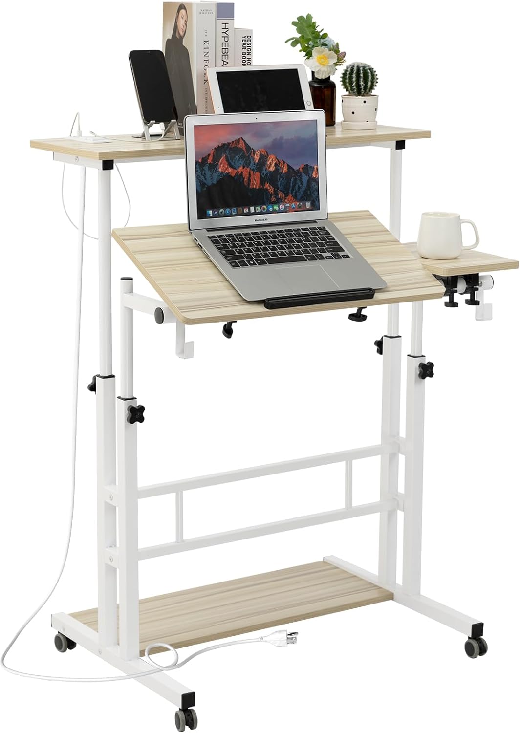 Hadulcet Stand Up Desk with Charging Station, Rolling Desk Adjustable Height, Mobile Standing with Wheels, Portable for Laptop, Beige