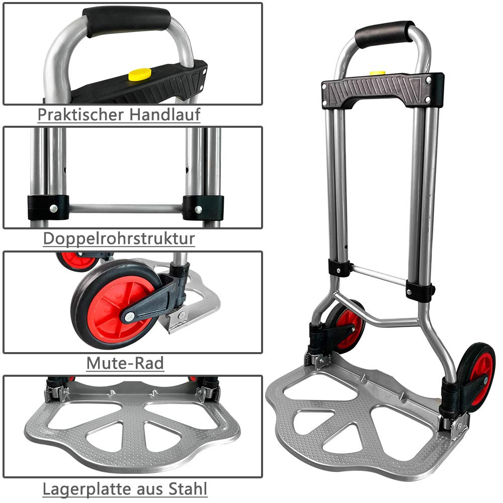 YRHome Carrello pieghevole in acciaio, carrello per il trasporto, impilabile, con manico e ruote regolabili in altezza, superficie di carico antiscivolo fino a 60 kg, per bagagli