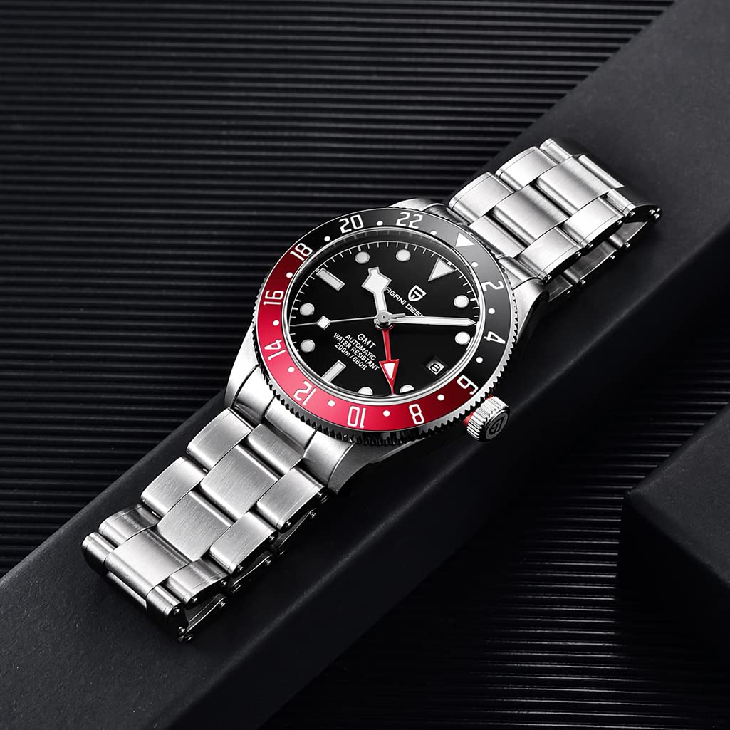 Pagani Design Herren Automatik Mechanisch GMT Uhren Aluminium Lünette Synthetisch Saphir Edelstahl Armband 200M Wasserdicht Leuchtend Selbstaufzug Sport Armbanduhren