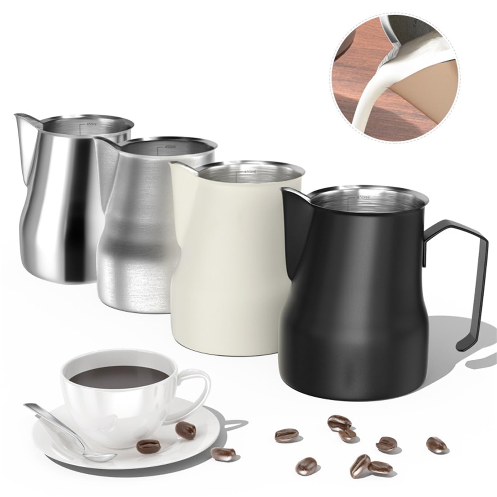 Jarra de espuma leche acero inoxidable, 2 uds., 350/500ML, jarra café con for Espresso, Latte Art, vapor Barista Para Espumar(White 500ml)