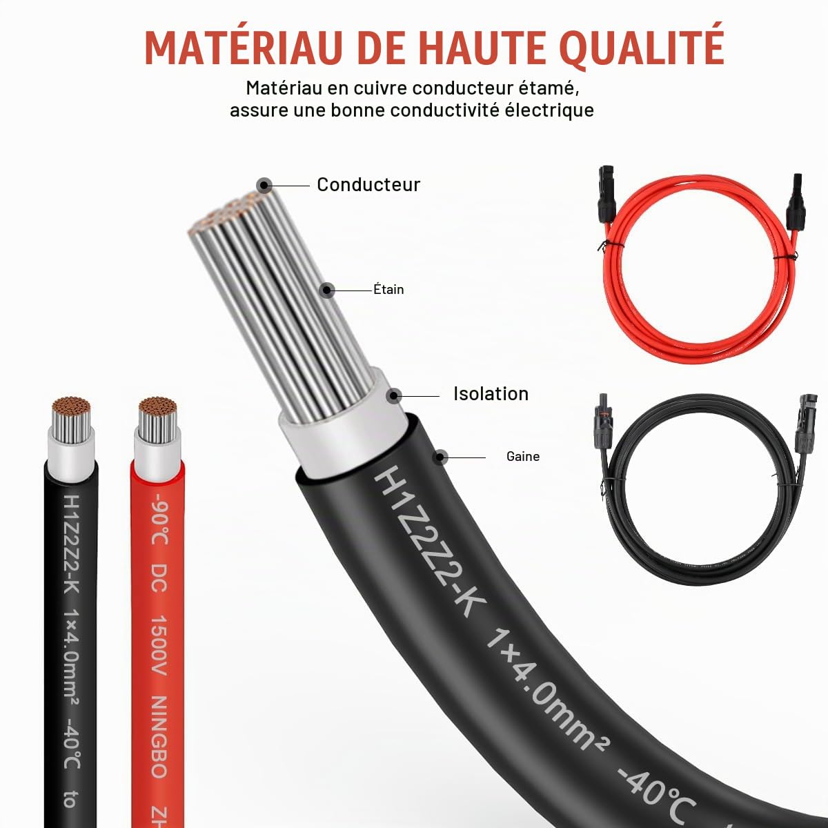 Rallonge de panneau solaire de 4 mm² - 5 m - Câble d'extension de panneau solaire étanche IP68 avec connecteurs femelles et mâles - Connecteurs - Câbles et adaptateurs (rouge + noir)