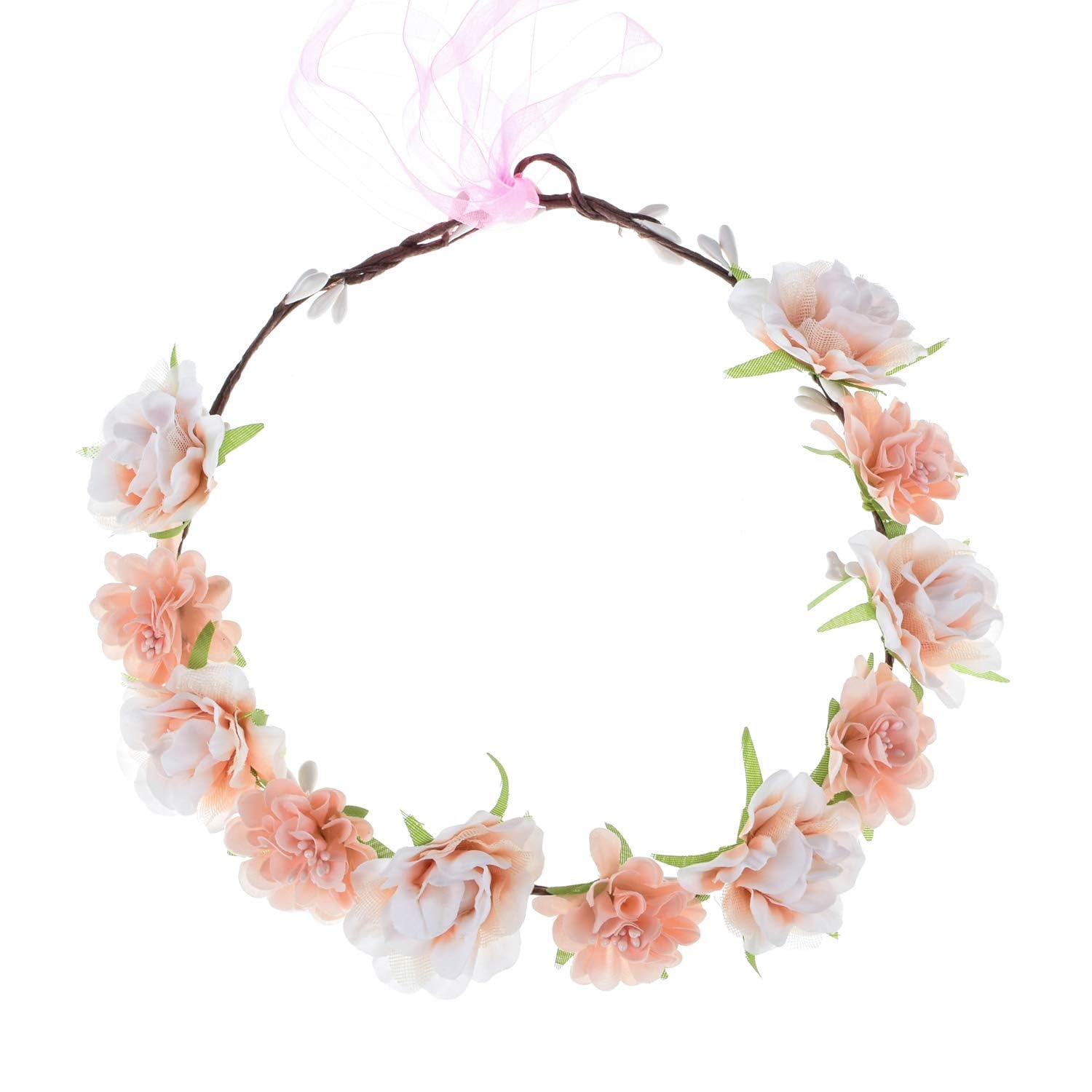 Merroyal Floral Crown Headband, Artificial Rose Design,Adjustable with Ribbon Ties (Coral, One Size)