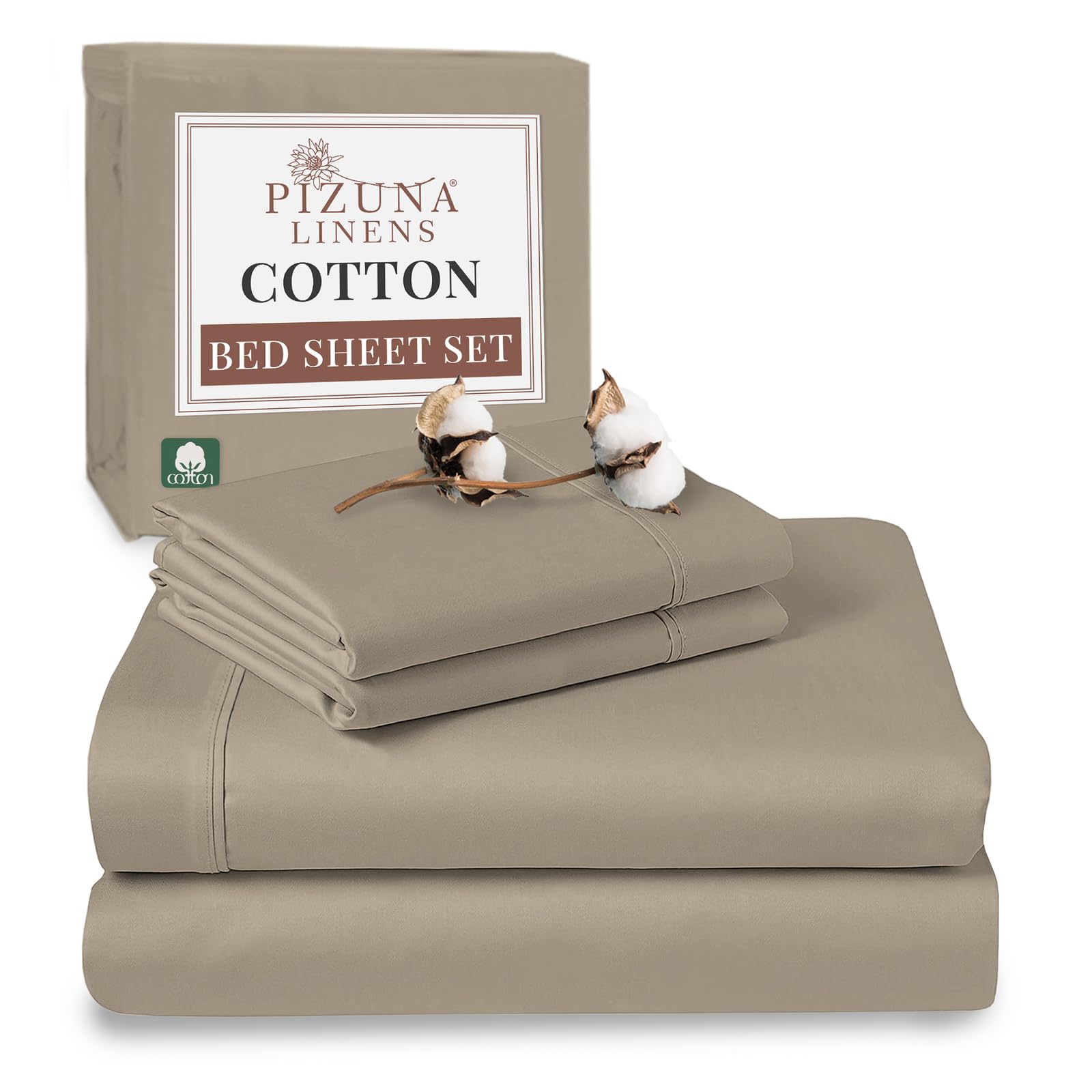 Pizuna100% Cotton King Size Sheet Set Simply Taupe, 400 Thead Count Long Staple Cotton Bedding Set 275x280 cm, Soft Sateen 4 PC King Bed Sheet Set -Fitted Sheet, Flat Sheet & 2 PillowcasesOEKO-TEX STANDARD 100