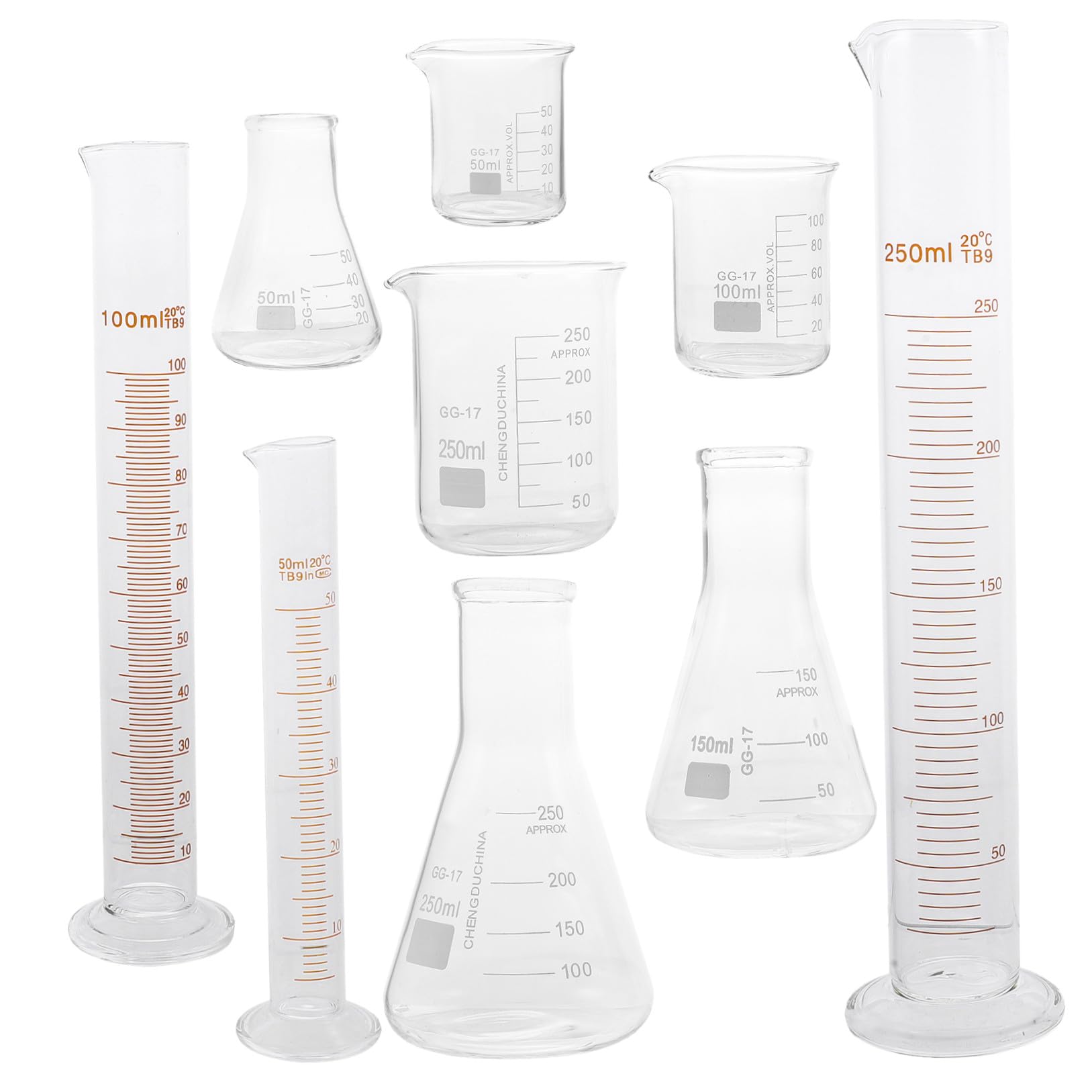 HEMOTON Becher Graduato e Cilindri Graduati da 50ml a 250ml Alta Resistenza al Calore Vetro per Laboratorio Set di 9 Pezzi senza Perdite, per Applicazioni di Chimica