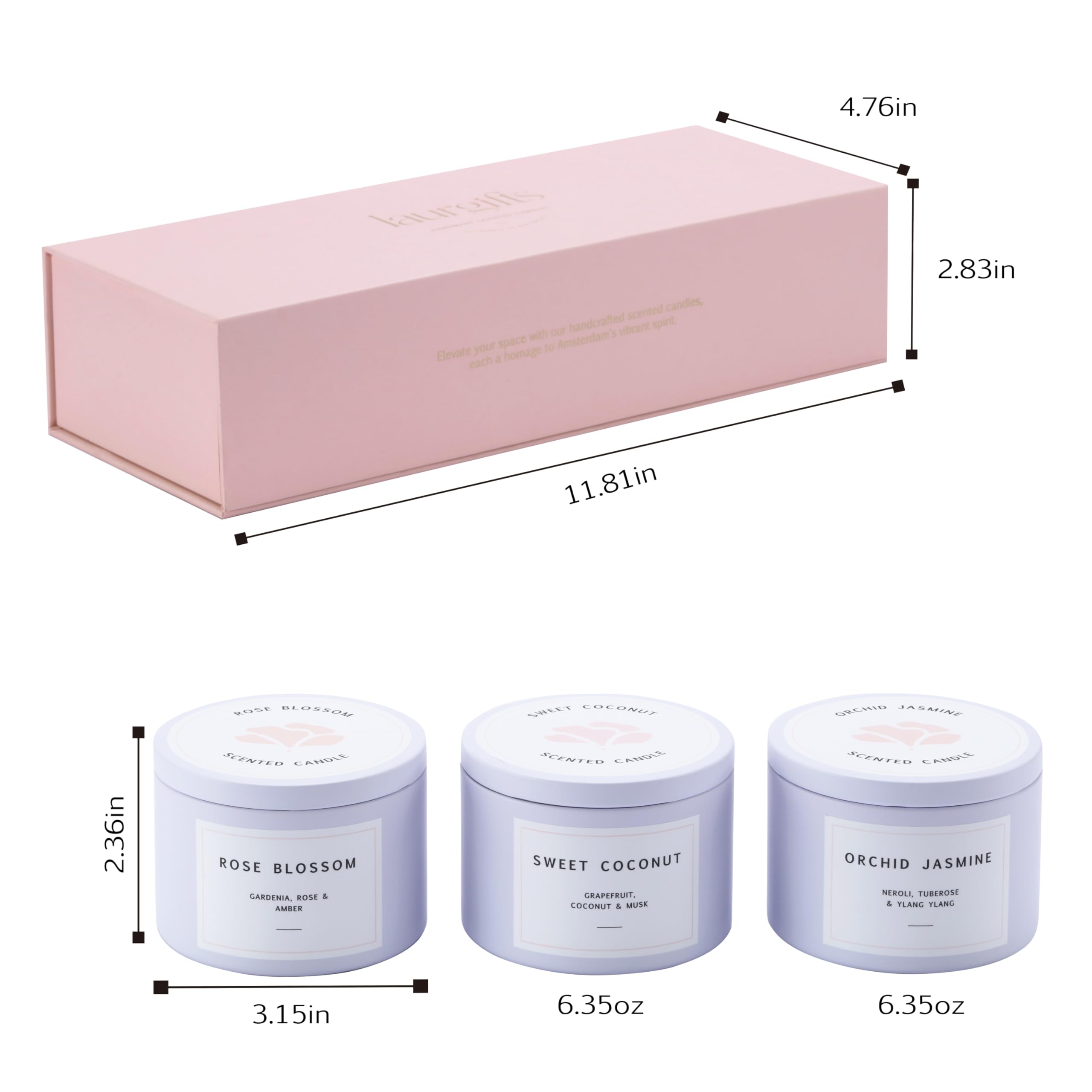LaurGifts Duftkerzen Geschenkset - 3 Premium Floral Soja-Kerzen in luxuriöser rosa Box - Orchidee & Jasmin, süße Kokosnuss, Blütenrose - Entspannungsgeschenk für Frauen, Geburtstag, Spa & Zuhause