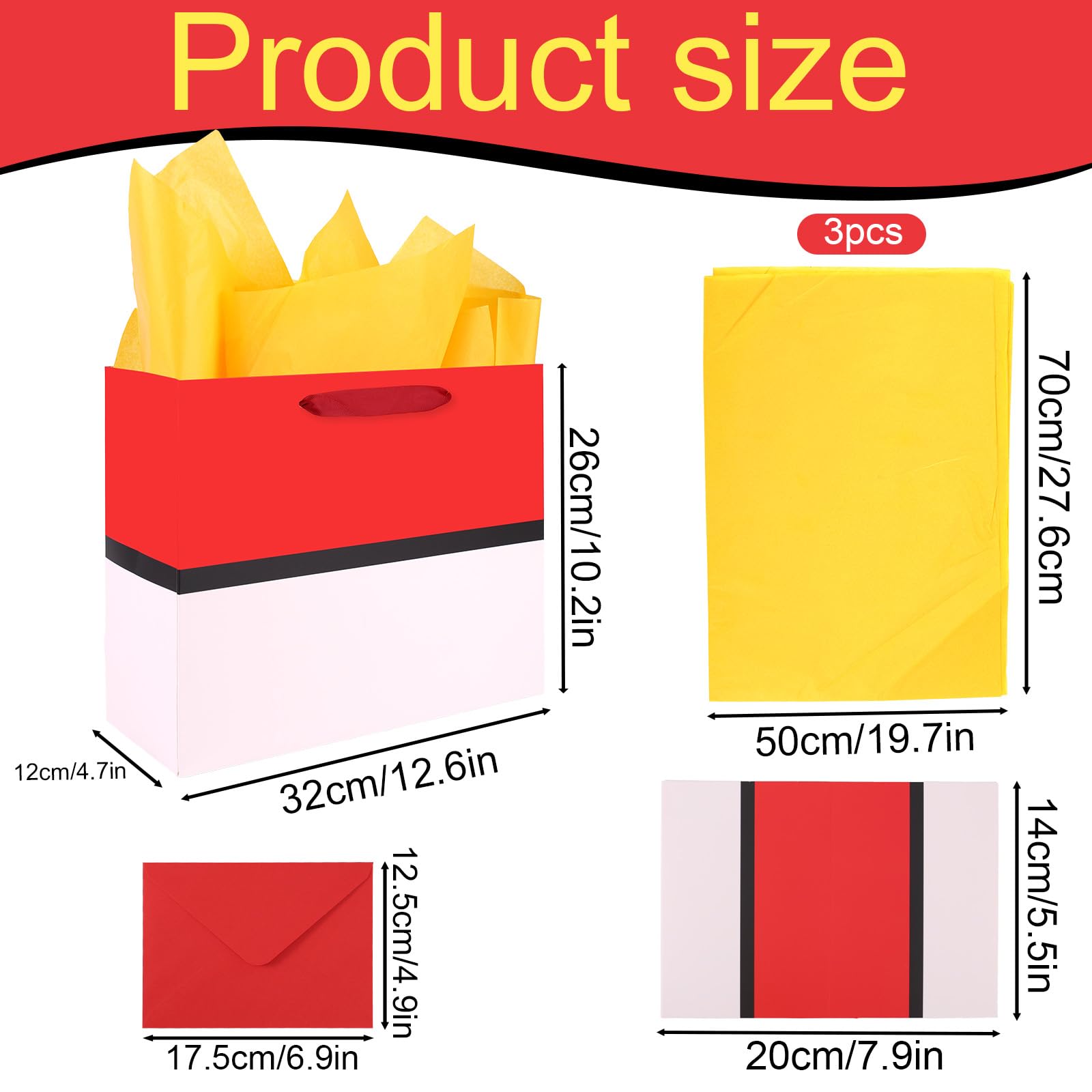SAVITA Cartoon Gift Bag Set, Red White Cartoon Themed Favor Goodie Bag with Envelope Tracing Papers Greeting Card for Birthday Party Decor Supplies