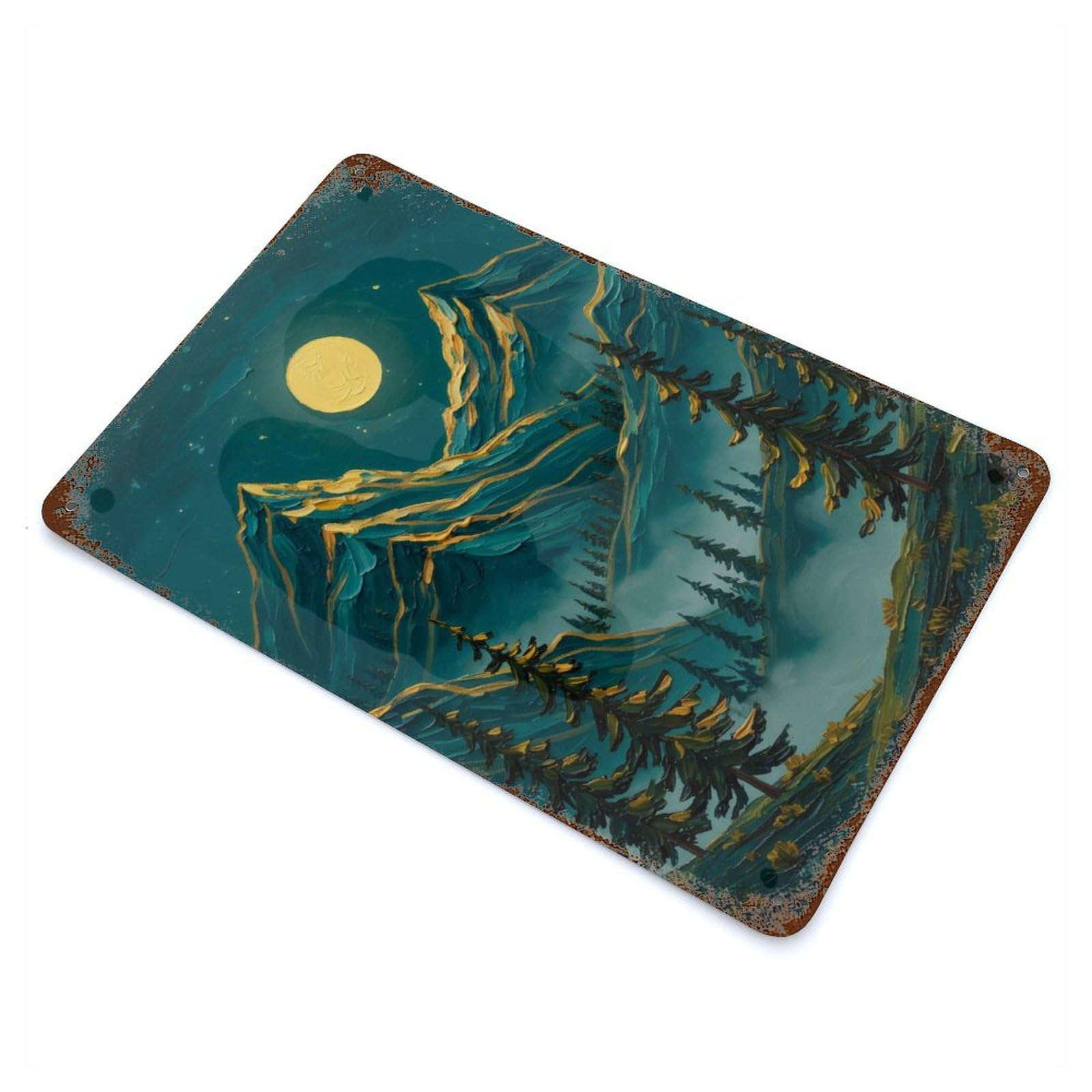 Moonlit Pines And Peaks 11.8"x7.9" Retro Metal Sign, Industrial Home Decor for Office, Studio And Wall Decor