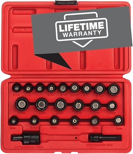 SUNEX TOOLS 1818 Juego de dados de impacto magnético fraccionario y métrico de 1/4 pulgadas, pulgadas, métrico, estándar, 6 puntos, Cr-Mo, 3/16