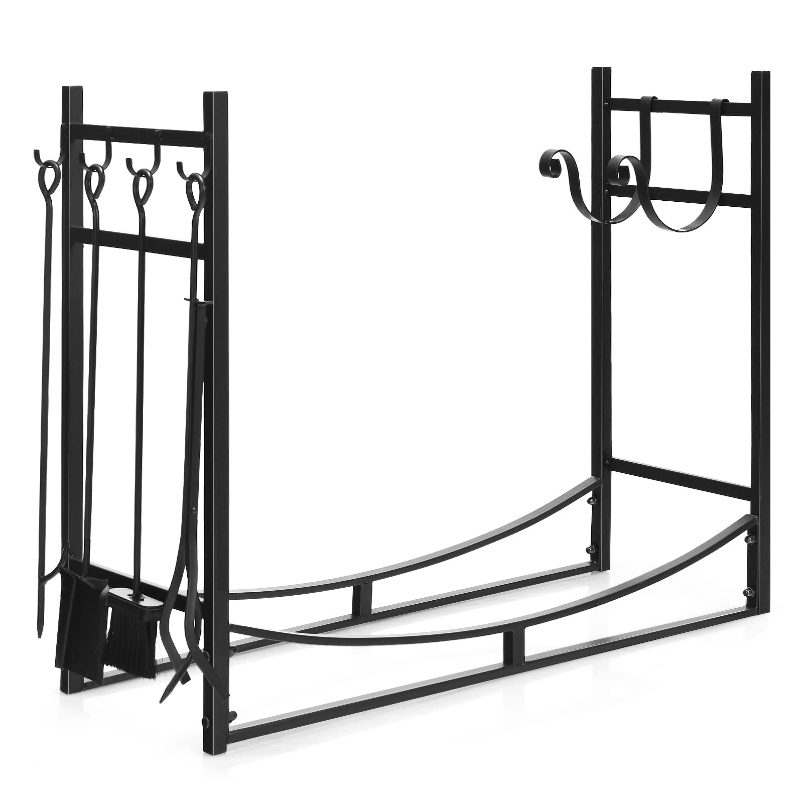 FANTASK Kaminholzregal, Brennholzregal mit 4-teilig Kaminbesteck & Anzündholzhaltern, Feuerholzregal Metall für Innen und Aussen, 90 x 33 x 76 cm