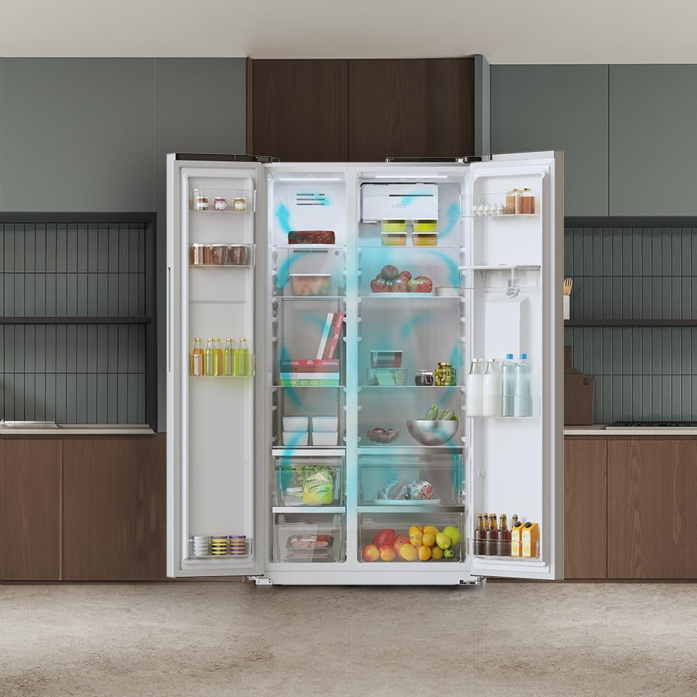 Cecotec Side-by-Side Kühlschrank Bolero CoolMarket SBS 559 Inox E. 559 Liter, Inverter-Kompressor, Total NoFrost, Multi Air Flow, Wasserspender und Display für die sichere Lagerung von Lebensmitteln