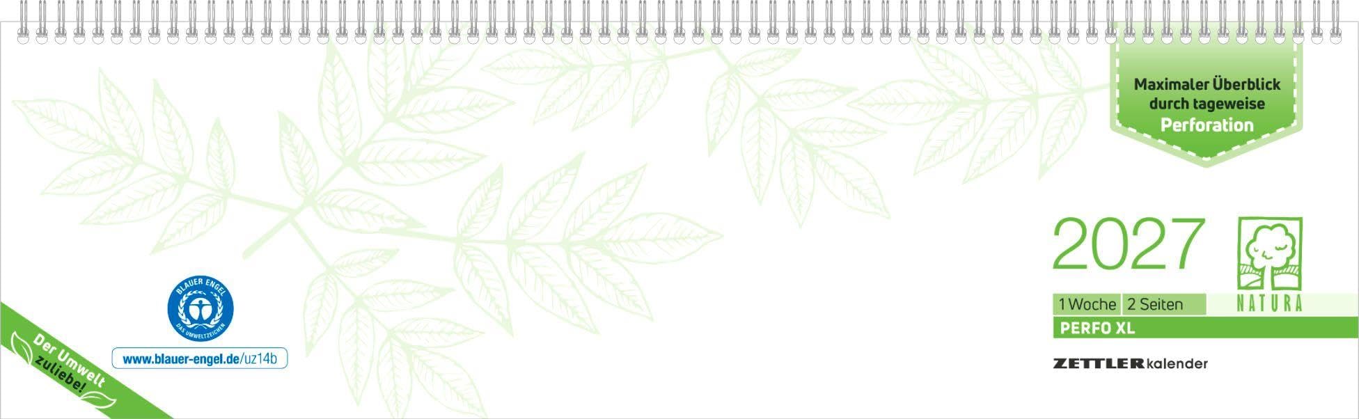 Tischquerkalender 1W/2S PERFO XL Blauer Engel 2027: Wochenkalender 36x11 cm aus Recyclingpapier, Blauer Engel zertifiziert, mit 1 Woche auf 2 Seiten & Stundeneinteilung 7-20 Uhr für Büro