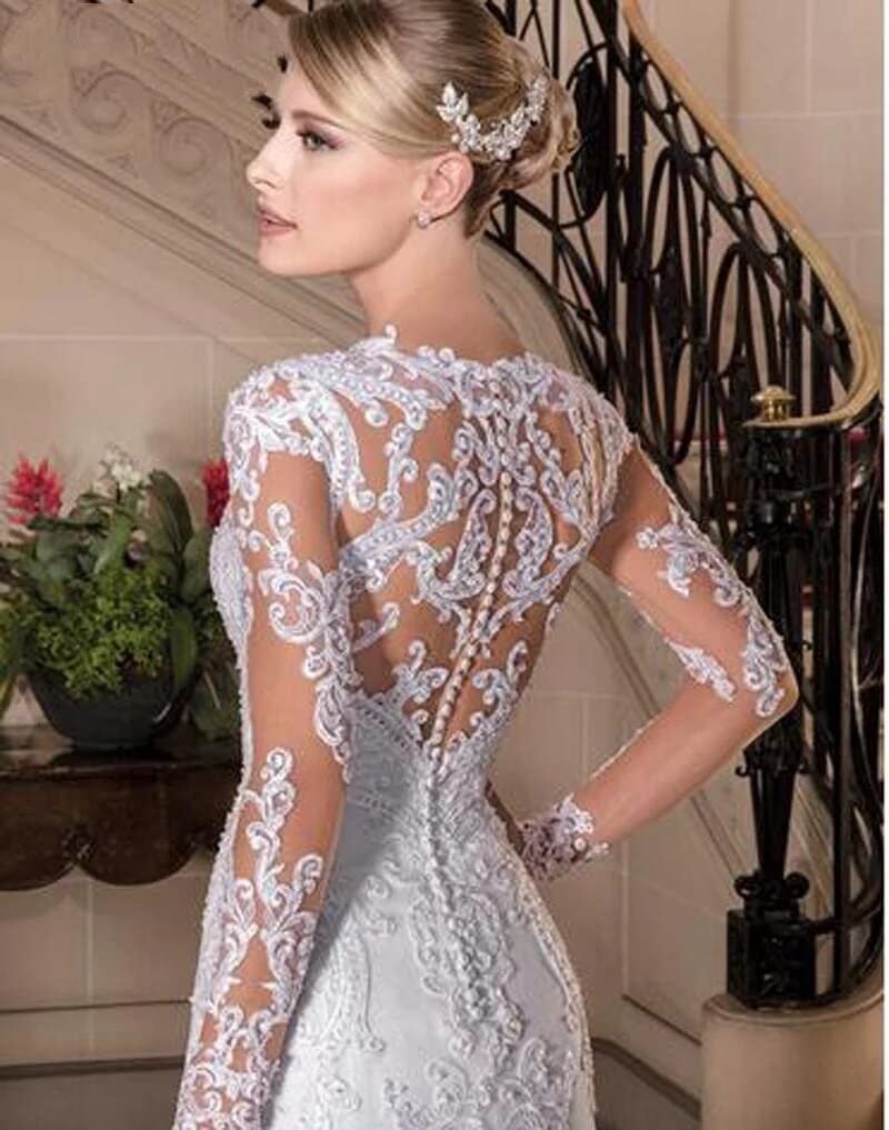 Vestido de Novia de Manga Larga de Cuello V Sirena Elegante Encaje Cuentas Abrochado Trasero Vestido de Fiesta de Aplicación, Blanco, 32