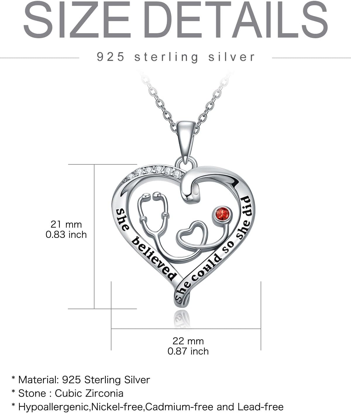 OCJ Nurse Gifts Nurse Pendant 925 Sterling Silver Heart Stethoscope Caduceus Angel Wings RN Necklaces Birthstone Jewelry Birthday Christmas Graduation Gifts for Nurses, Doctor, Medical Student - Image 4