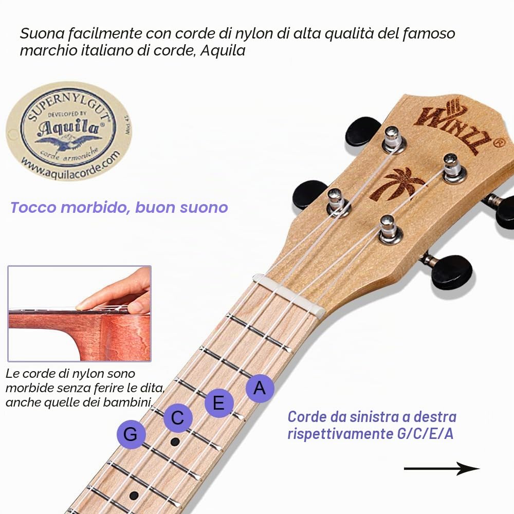 Winzz Ukulele soprano per bambini per adulti e bambini, 53 cm, colore viola