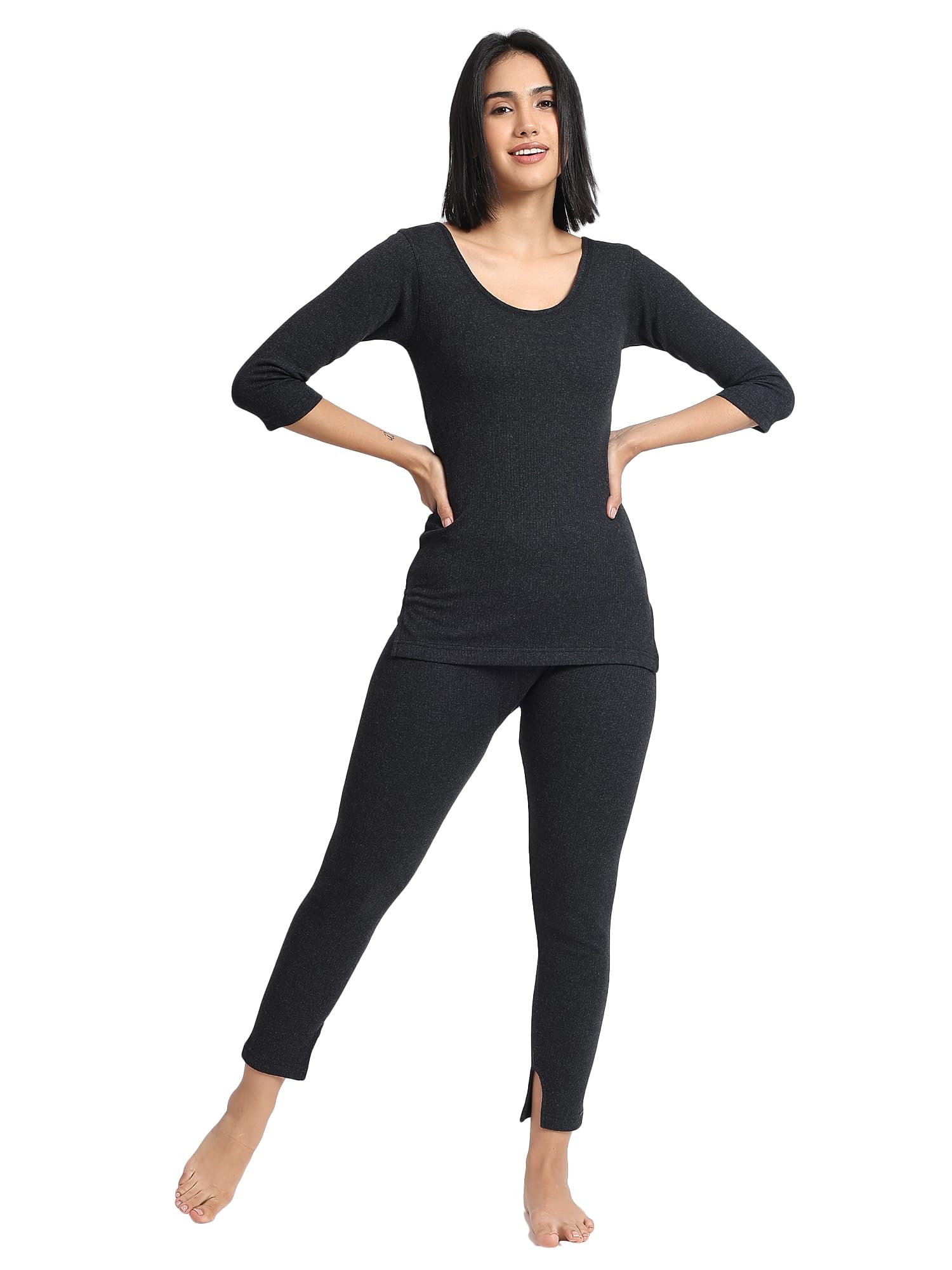 Women's Regular Fit Cotton Thermal Set, 3/4th Pants, Black-image-42