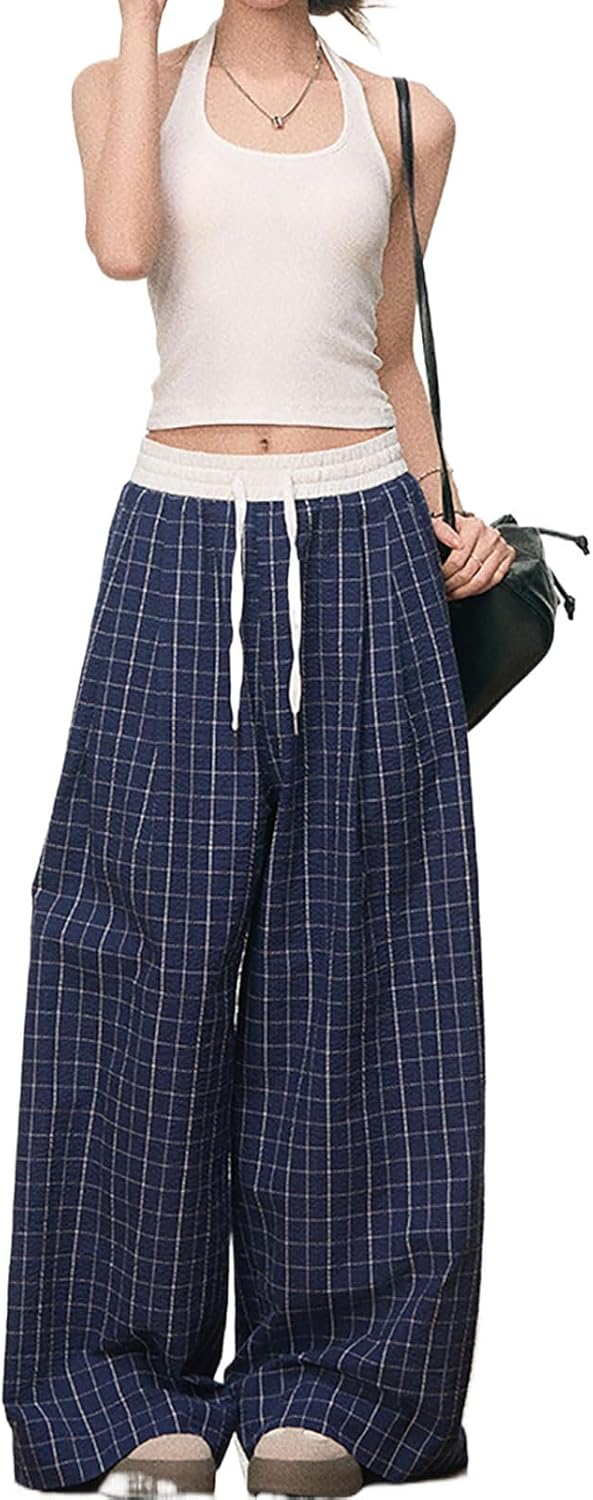 Women's Y2K Goth Baggy Wide Leg Plaid Pants Drawstring High Waist Color Blocking Casual Elastic Waist Trouser