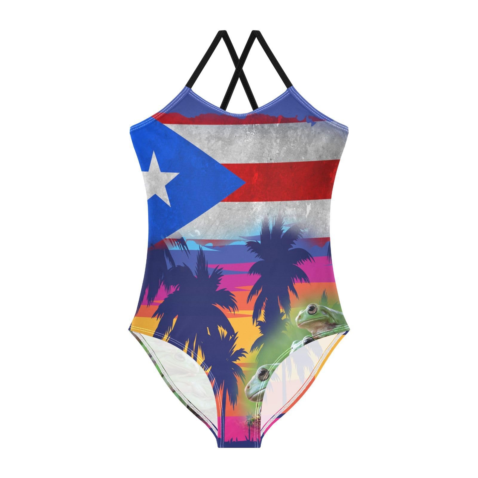Puerto Rico Flag Frog Girls One Piece Swimsuits; 3-10 Years Halter Swimwear Beach Bathing Suit