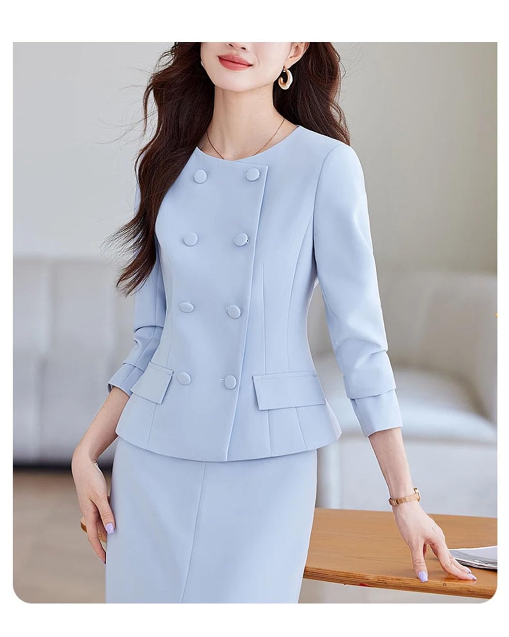 Damen Zweiteiler Mit Langarm Rundhalsausschnitt Zweireihiger Jacke Und Rock Fürs Büro Elegantes Business Casual Set Mit Rock Für Partys Und Bankette