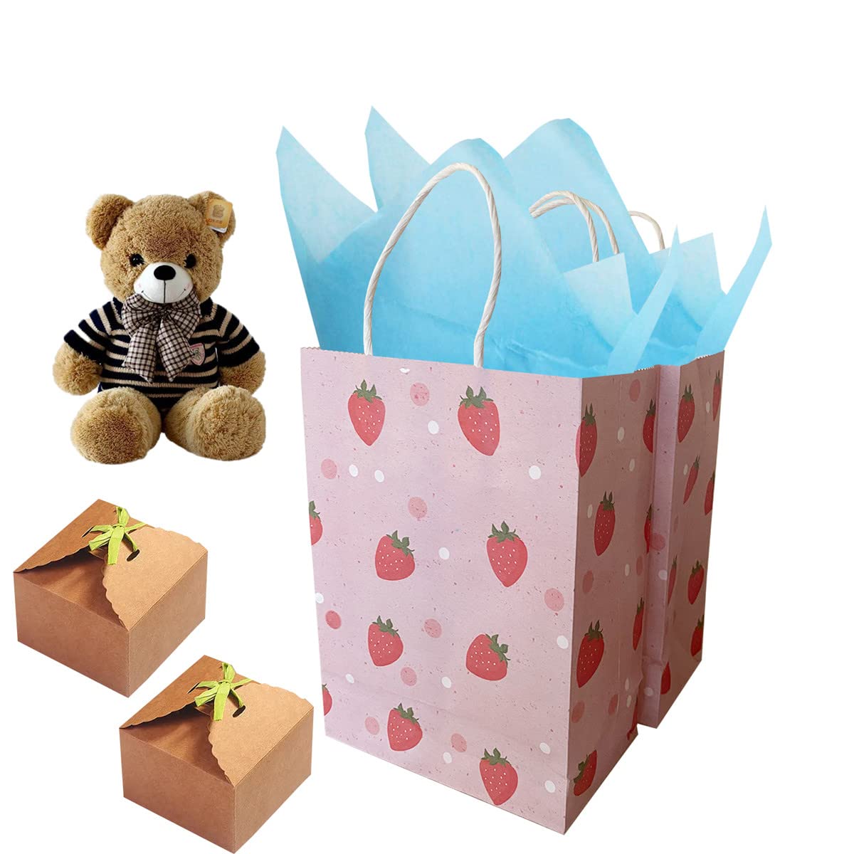 KoberrLi 16Pcs Strawberry Gift Paper Bags with Handles 5.9x8.26x3.15-inch Strawberry Party Favor Paper Bags for Birthday Baby Shower Holiday Gifts (Strawberry)