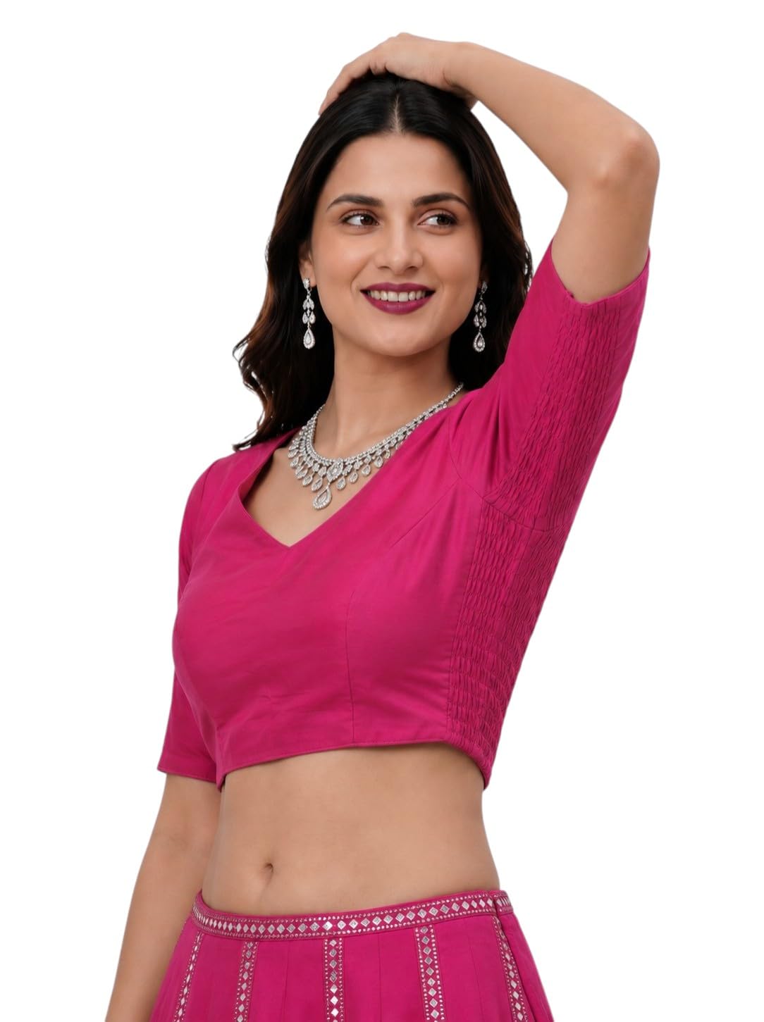 Women's Cotton Padded Readymade Blouse for Saree, Side Elastic Stretchable Blouse, V Neck Front, Deep Back Open Designer, Ready to Wear Stitched Saree Blouse-image-36