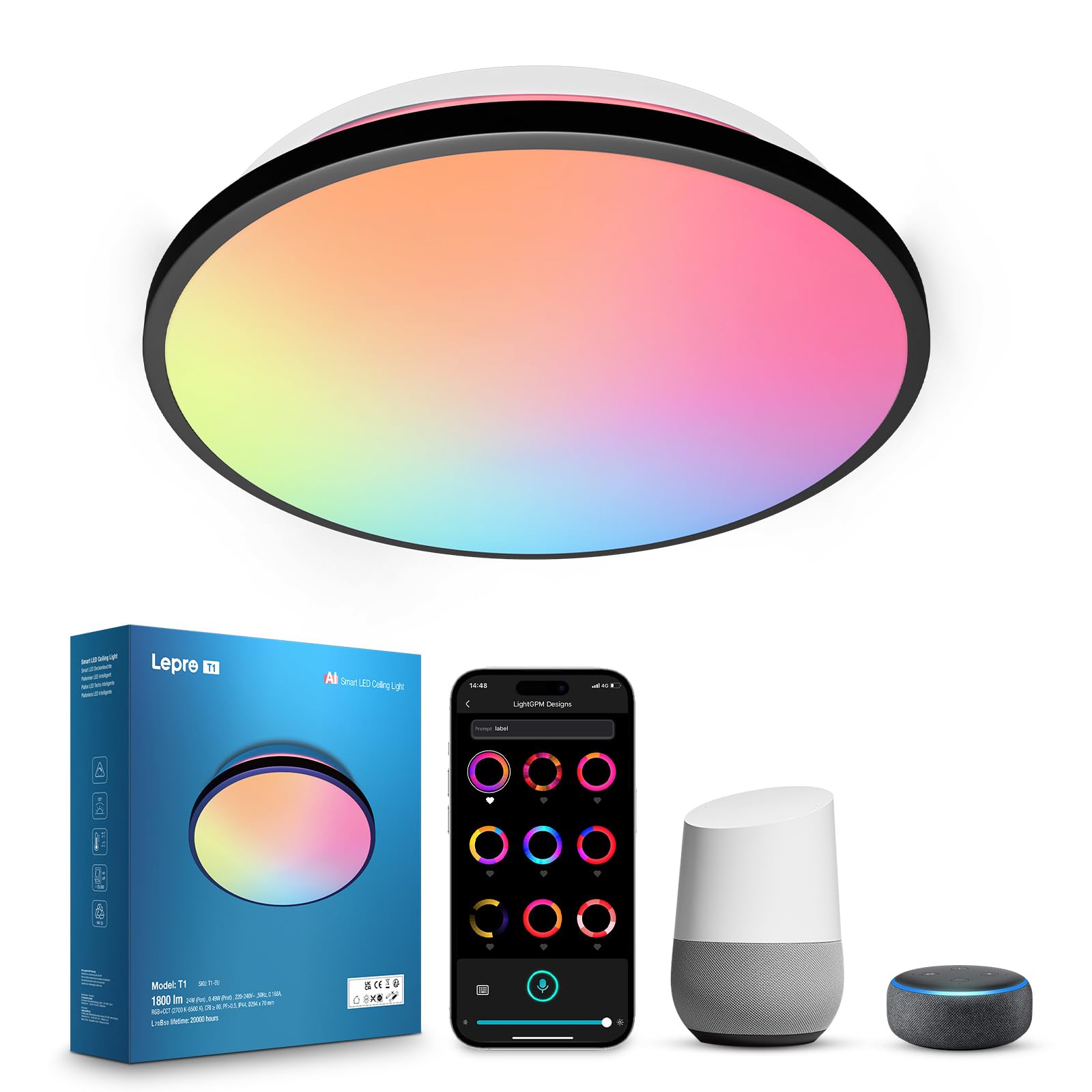 Lepro T1 AI Plafoniera LED Smart, 1800LM 24W IP44 Impermeabile | Progettista Illuminazione AI Personalizzato, Funziona con Alexa/Google Assistant, Connessione Wi-Fi/Bluetooth, Sync Musicale