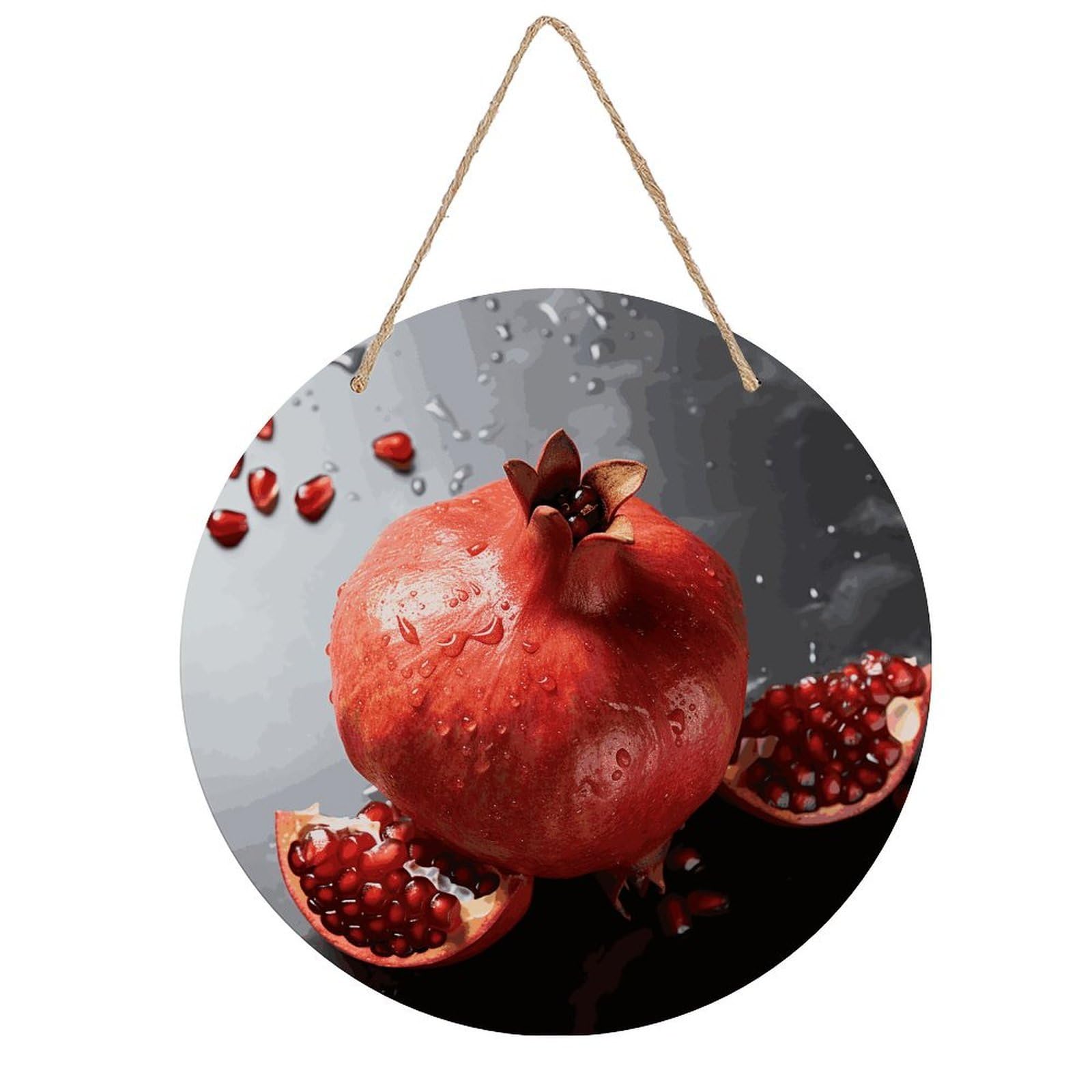 VstaDank Pomegranate Wall Art Decor with Ropes Wooden Hanging Sign Hanging Wall Decor Artwork Round Wood Painting Modern Wall Prints Decor Picture for Office Bar Home Decors