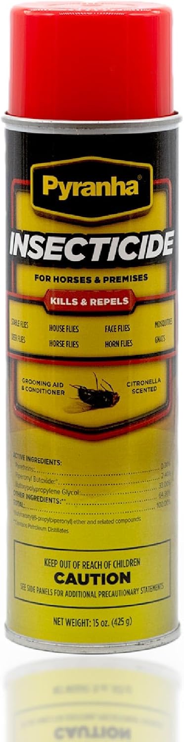 PYRANHA Insecticide Aerosol Fly Spray for Horses – 15 oz Oil-Based Spray with Citronella, Kills & Repels Flies, No-Shake Formula, Adds Show-Ready Shine
