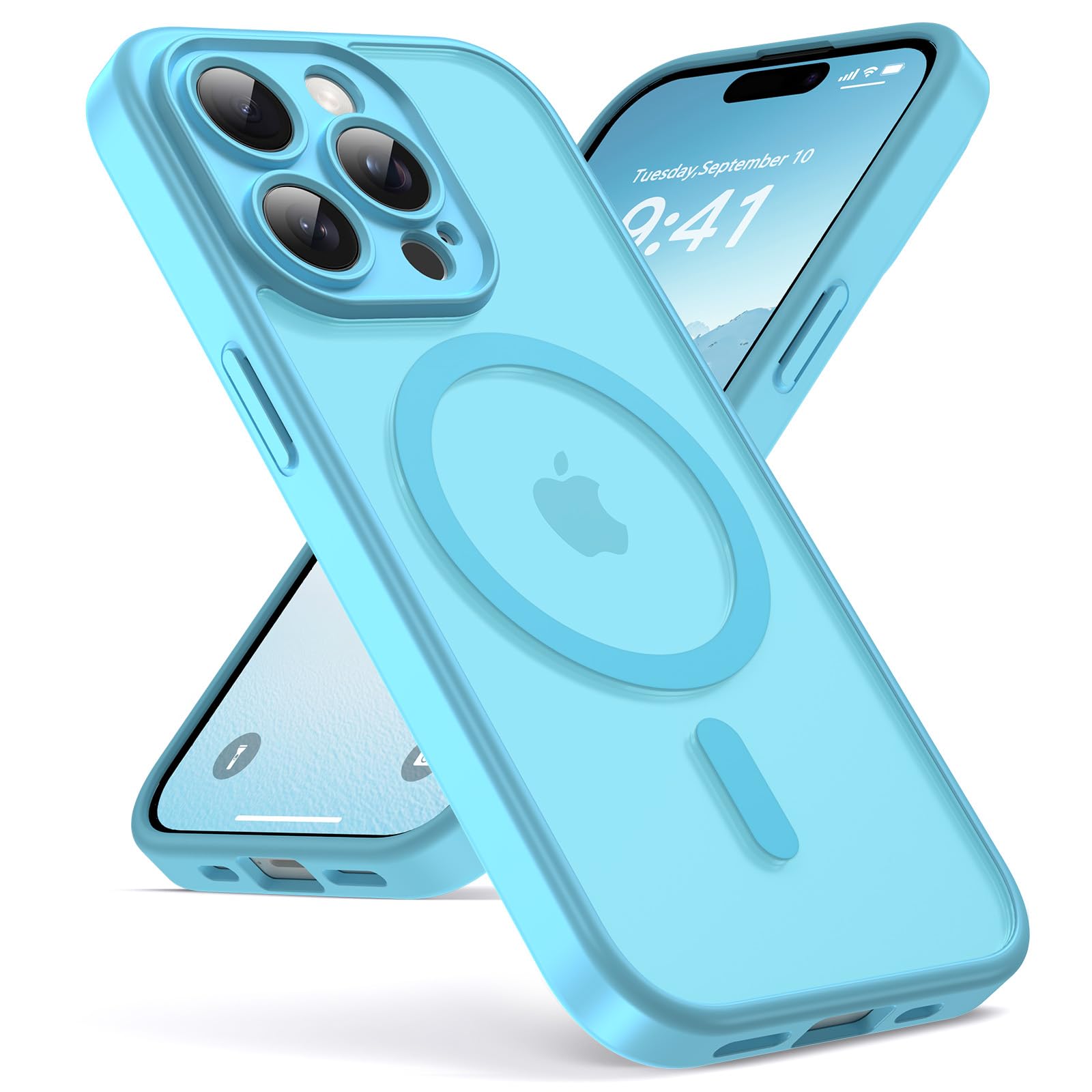 Oududianzi - Magnetica Cover per iPhone 15 Pro Max Magsafe, Lightblue | Custodia Traslucida Posteriore PC Silicone TPU Bumper, Protezione Della Fotocamera, Cover Militare Antiurto Anti-Impronte