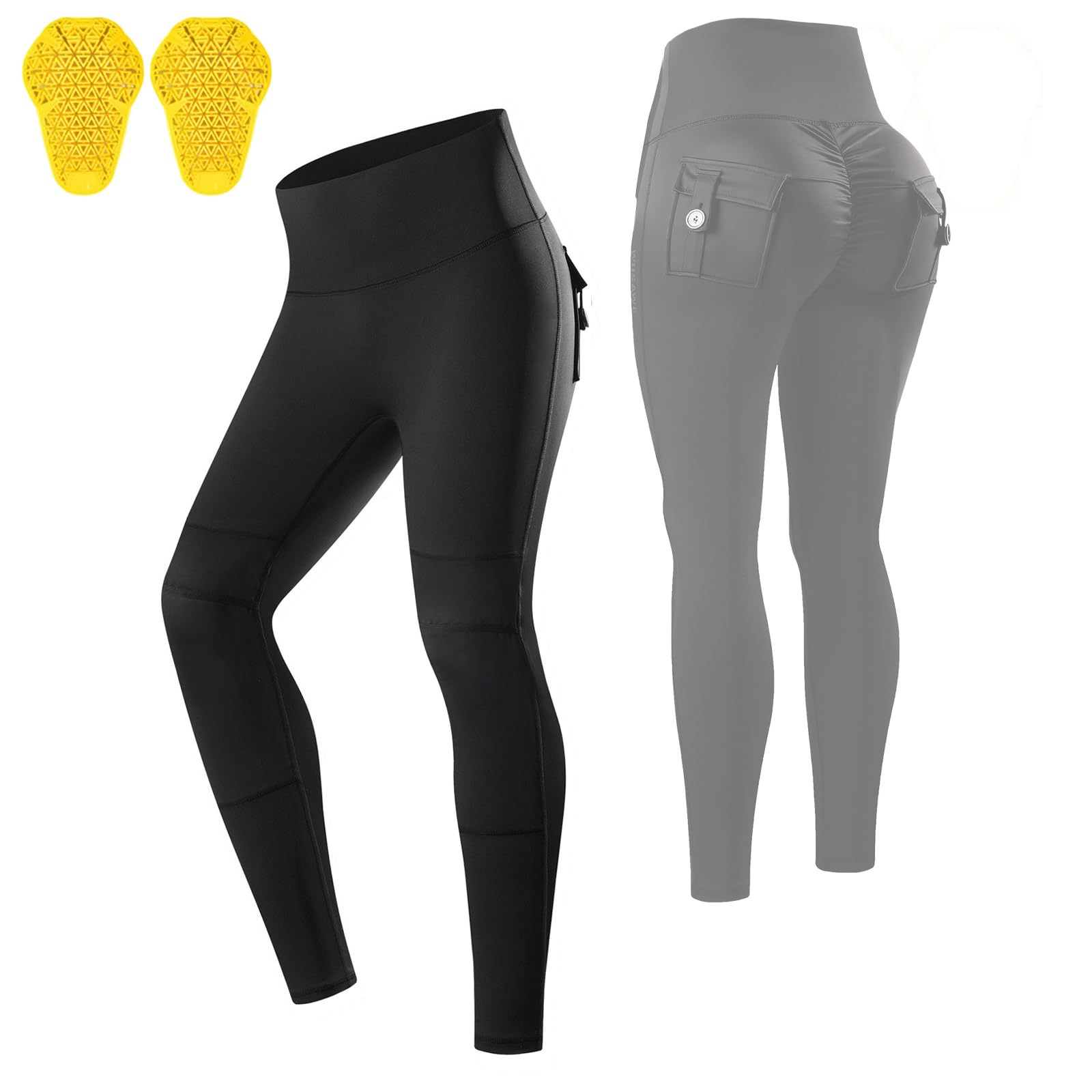ARMAAN Leggings Protettivi da Moto Donna A Vita Alta Ed Elasticizzati, con Protezioni CE per Le Ginocchia, Fodera Termica E Tasche Posteriori, per Moto Ciclismo Fitness E Uso Quotidiano