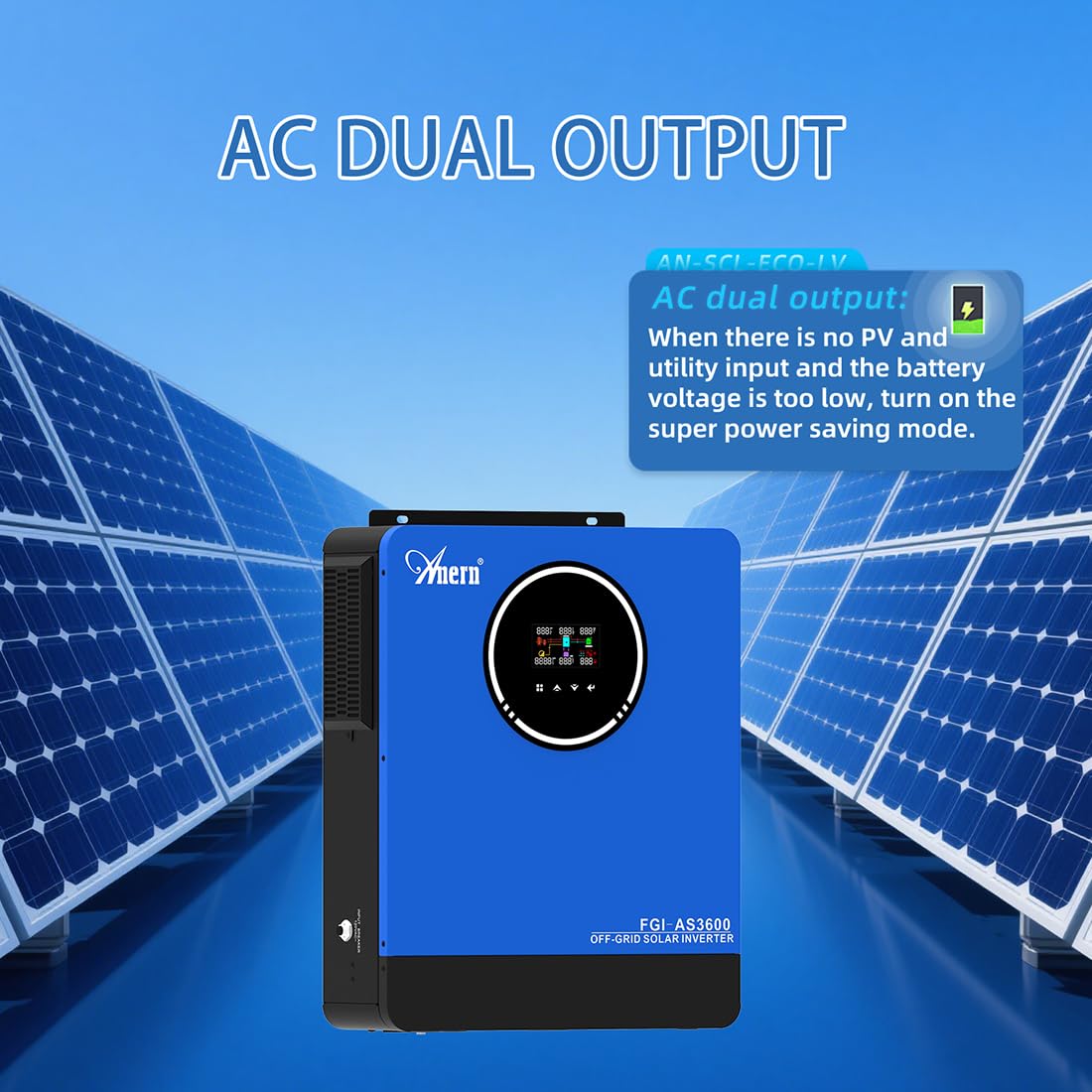 Anern 3600W Inversor Híbrido 24V CC a 110V CA Inversor Autónomo,Controlador Solar MPPT 120 A Integrado, Dos Salidas de CA, Compatible con Baterías de Plomo-ácido y Batería LiFePO4