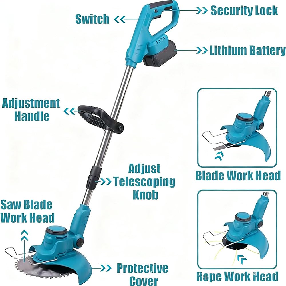 Desbrozadora Electrica 1000W,Desbrozadora Bateria con Baterías de 6000 mAh,Varilla y Cabezal Ajustables Rueda Auxiliar Desmontable, Ancho de Trabajo 23 cm, 3 Tipos de Cuchillas (Azul C)