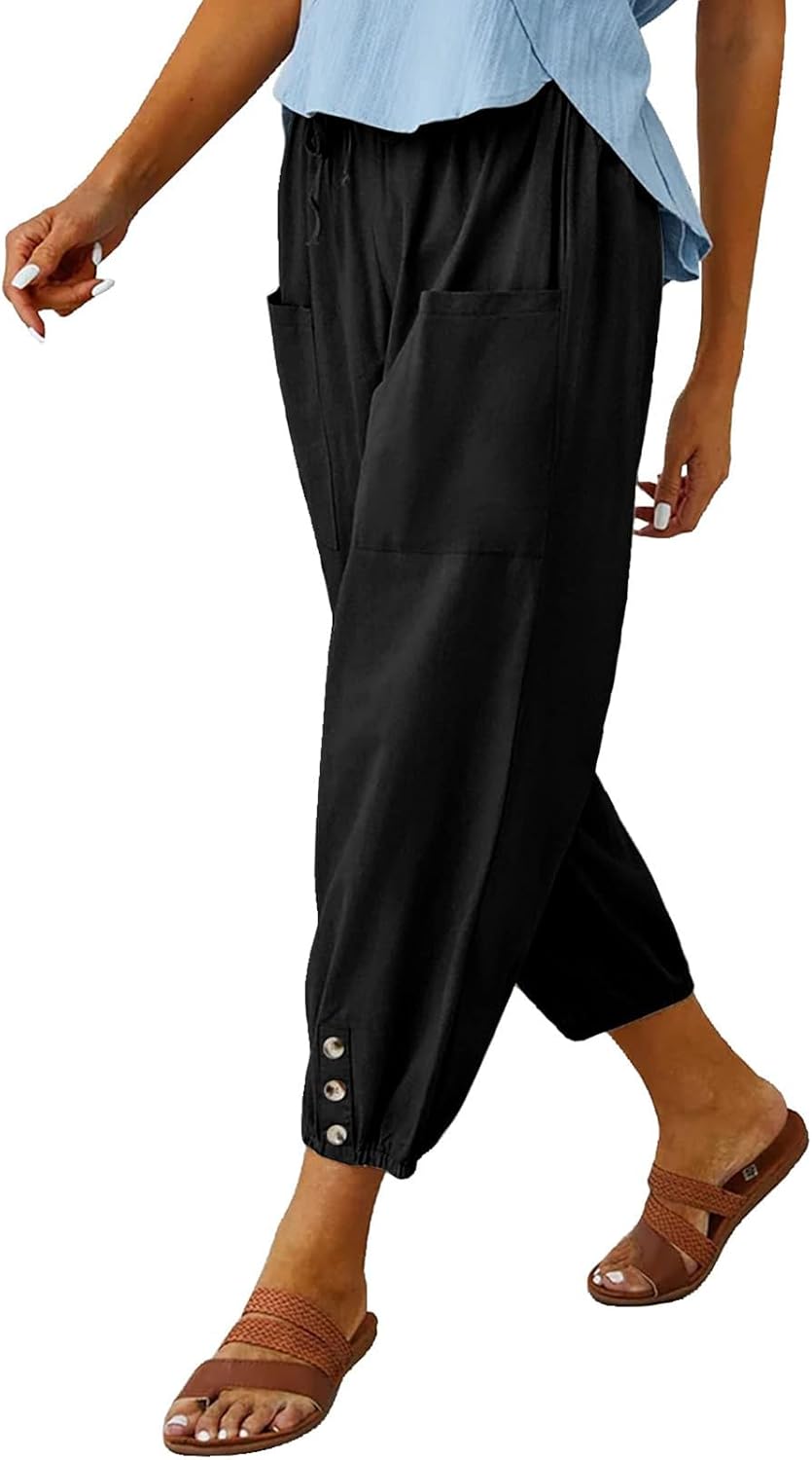 Cotton Casual Capri for Women Elastic High Waisted Loose Lantern Tapered Harem Pants with Pockets