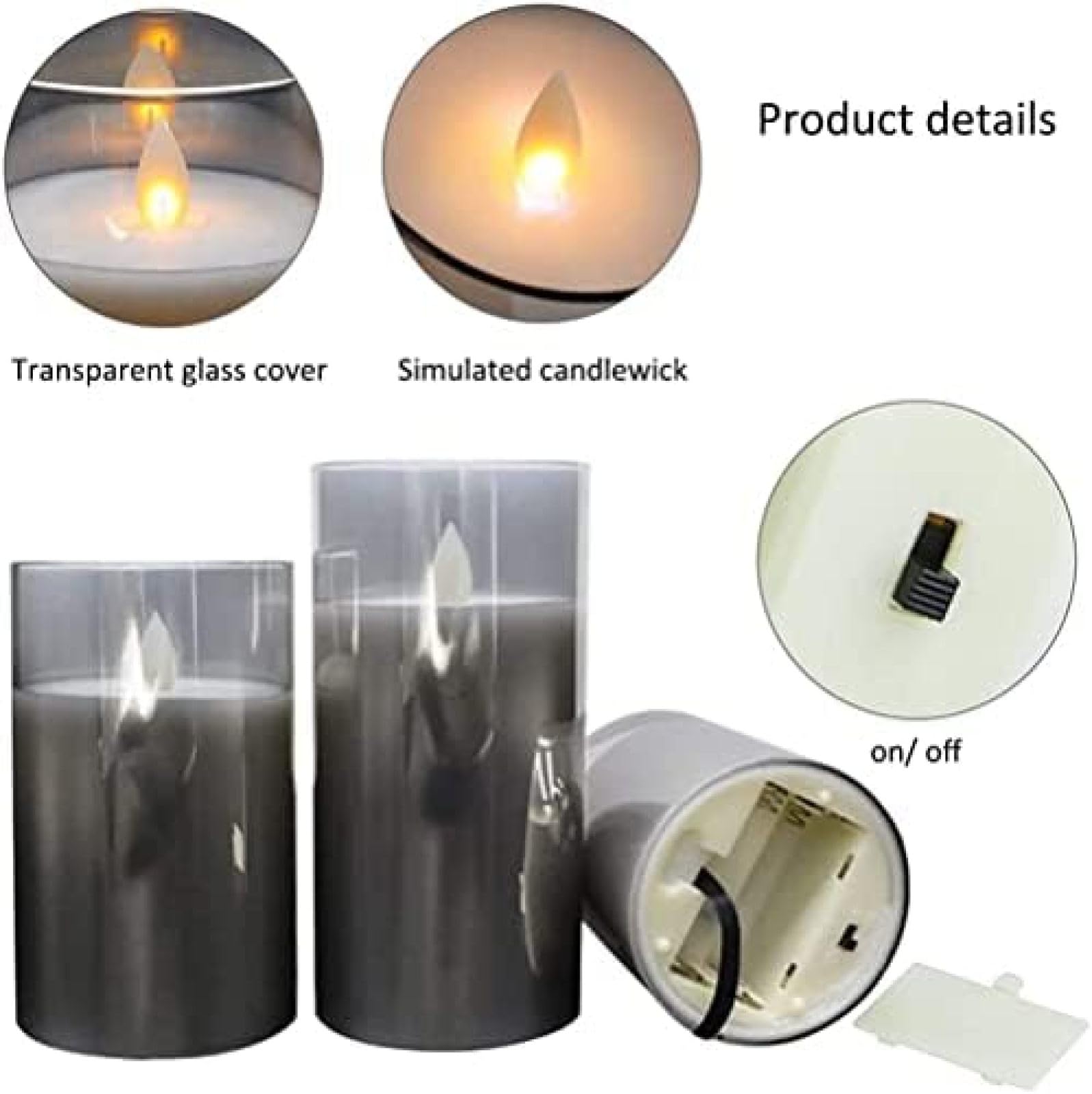 Szklane Świece LED Z Pilotem I Timerem, Świeczki LED Tea Light Na Świąteczne Przyjęcie Weselne, Opakowanie 3 Szt.,Szary,Pleasant63