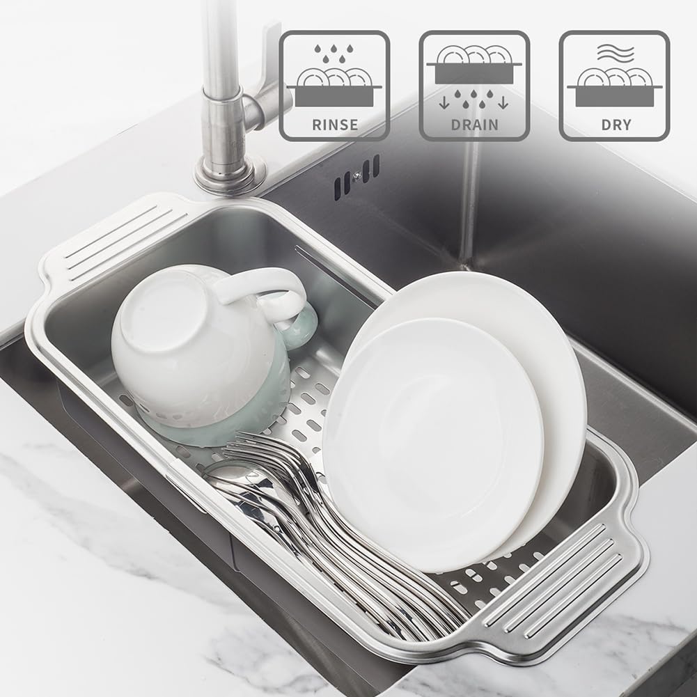 Escurreplatos multifuncional retráctil de acero inoxidable para cocina, ahorro de espacio, escurridor de platos y cocina ajustable