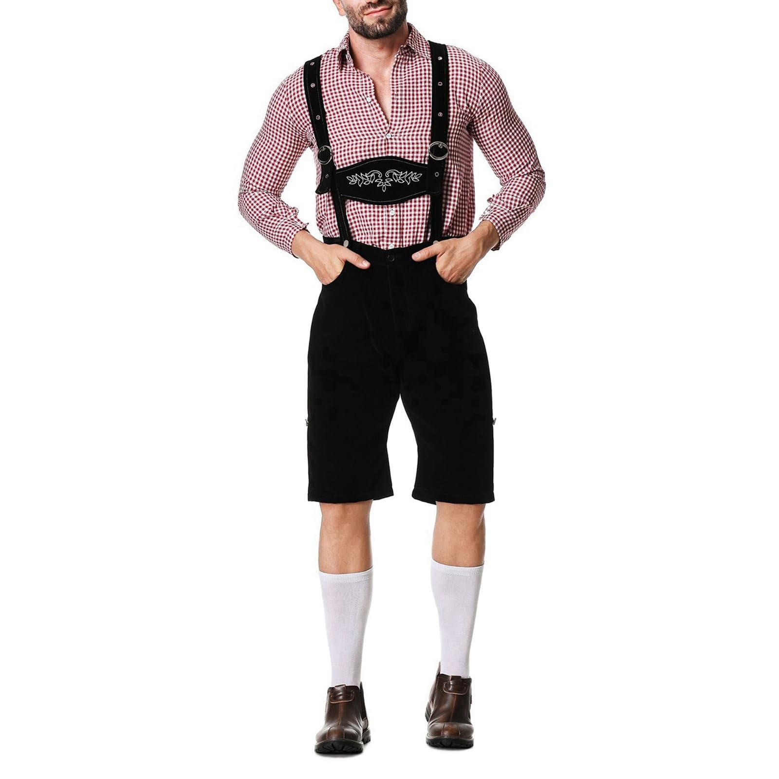 Lederhose Herren Oktoberfest Set, Lederhosen Herren Tracht, Traditionelle Kniebundhose Lang+ Trachtenhemd Männer Trachtenhose M.träger Kariertes Deutsches Bayerisches Oktoberfest-Kostüm Set Für Herren