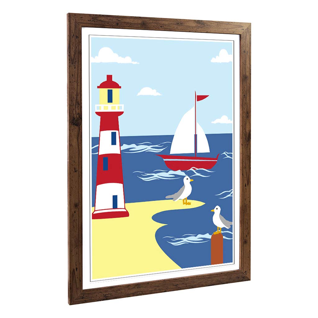 Big Box Art Framed Print of Childrens Lighthouse & Sailboat Design | Wall Art Picture | Home Decor for Kitchen, Living Room, Bedroom, Hallway, Walnut, A2 / 24.5x18 Inch / 62x45cm