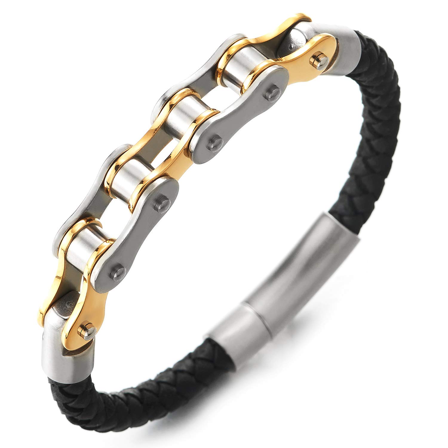 COOLSTEELANDBEYONDAcero Bike Chain Cadena Bici Motocicleta Pulsera, Negro Cuero Trenzado Brazalete de Hombre, Cierre Mosquetón