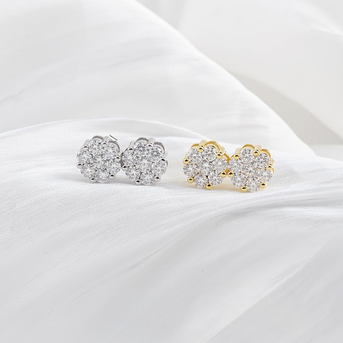 Round Bling Cluster Moissanite Stud Earrings for Women Men, Hypoallergenic S925 Sterling Silver Earrings, D Color VVS Synthetic Moissanite, Diameter 9.9MM, 2.4CT, White/Gold - Image 8