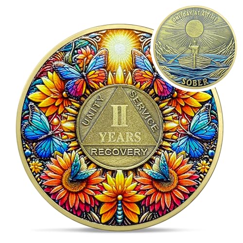 Image of Delicate Sunflower 2 Year Sobriety Coin - Two Year Recovery Butterfly AA Coins - One Day at A Time NA HA AA Chips and Medallions - 1-40 Years Living Clean Alcoholics Anonymous Gifts for Men Women
