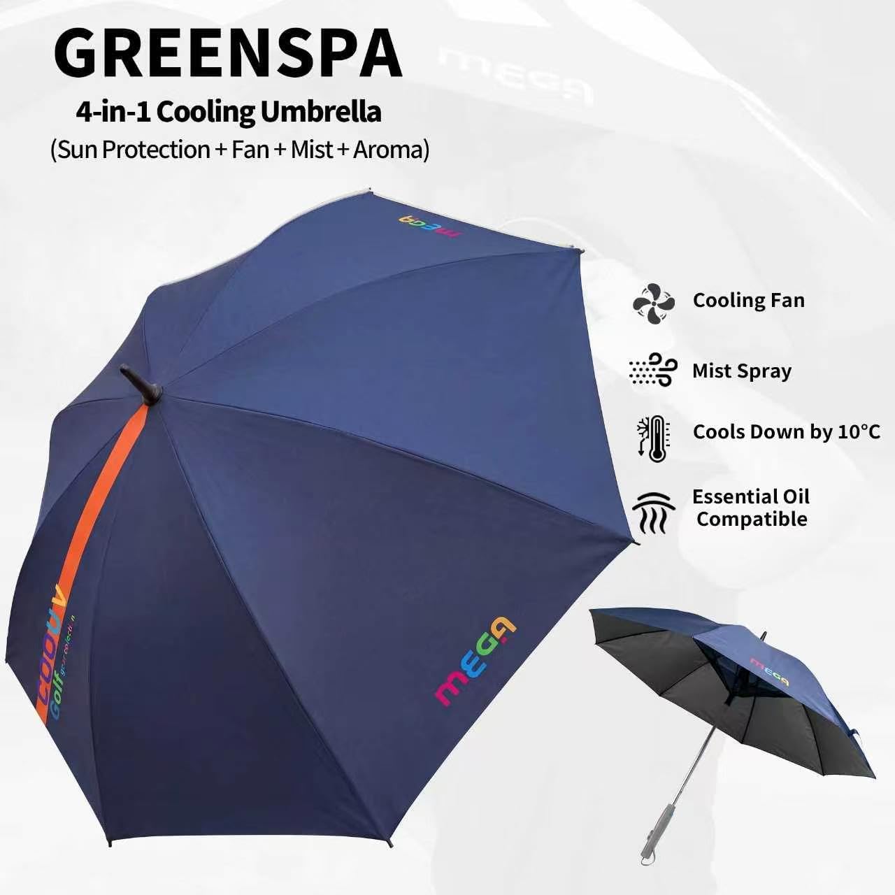 Golf Umbrella with Mister and Fan, Cooling UV Sun Protection Golf Essential, Battery Powered, Portable for Summer Outdoor Heat Relief