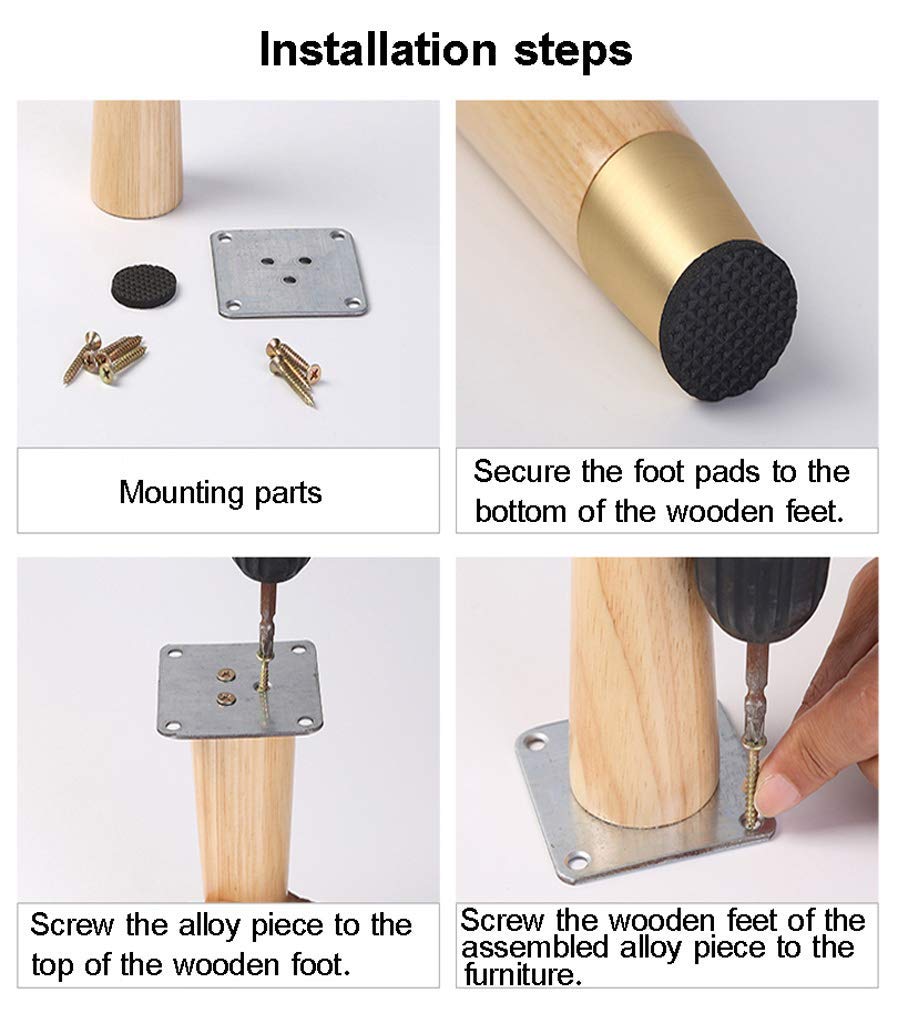 Patas de muebles de madera maciza de 4 piezas con funda protectora de cobre puro, cono recto para armario, sofá, mesa, armario de TV, taburete, pies de roble-20cm