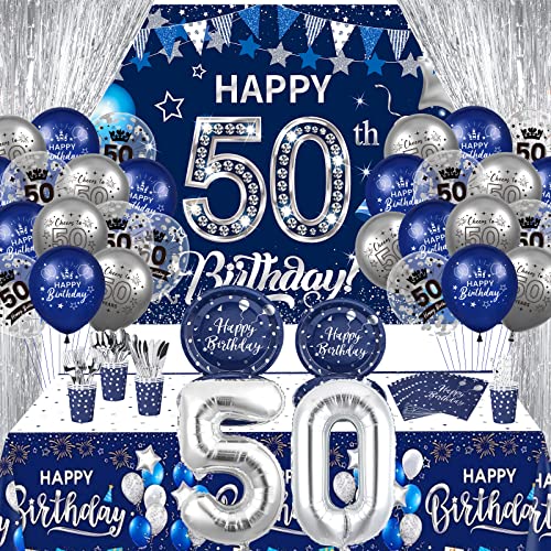 50th Birthday Decorations for Men, 131Pcs Navy Blue Silver 50th Birthday Party Supplies Includes Blue Happy 50th Birthday Banner Balloons Napkins Cups Tablecloth Foil Backdrops for 50th Birthday Decor